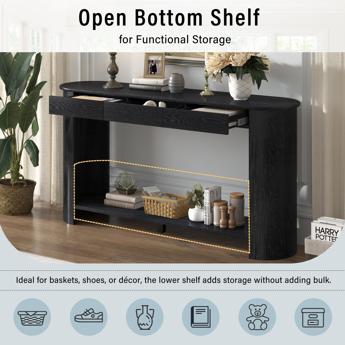 variant-group:rf-n711p395523b|Roomfitters Modern Farmhouse Black Oak Veneer Semi-Circular Console Table with 3 Drawers and Open Bottom Storage Shelf