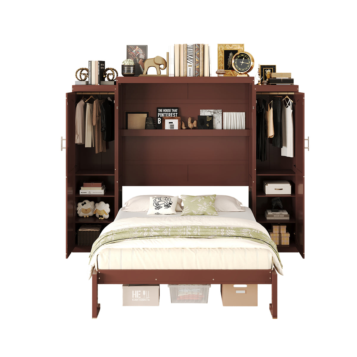 variant-group:rf-n733s235596d|Roomfitters Full Murphy Wall Bed with Two Wardrobes and Storage Shelf, Foldable Platform Bed Frame for Guest Room, Walnut