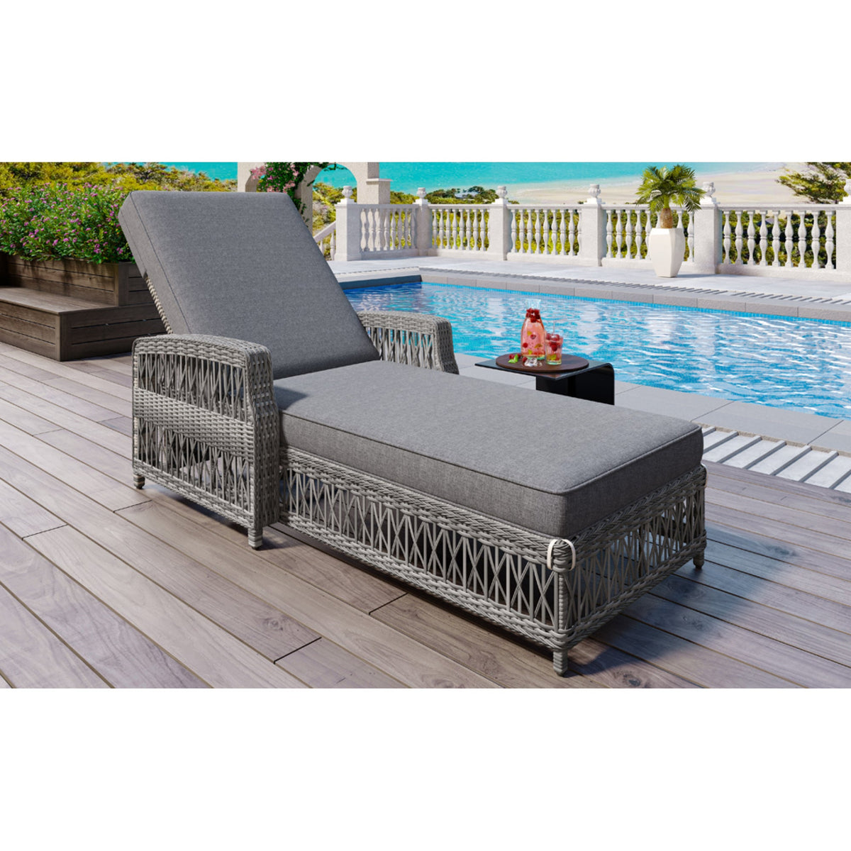 Roomfitters Outdoor Reclining Chaise, Wicker Lounge Chair with Armrests & Soft Cushions, Adjustable Poolside Recliner, Gray Roomfitters