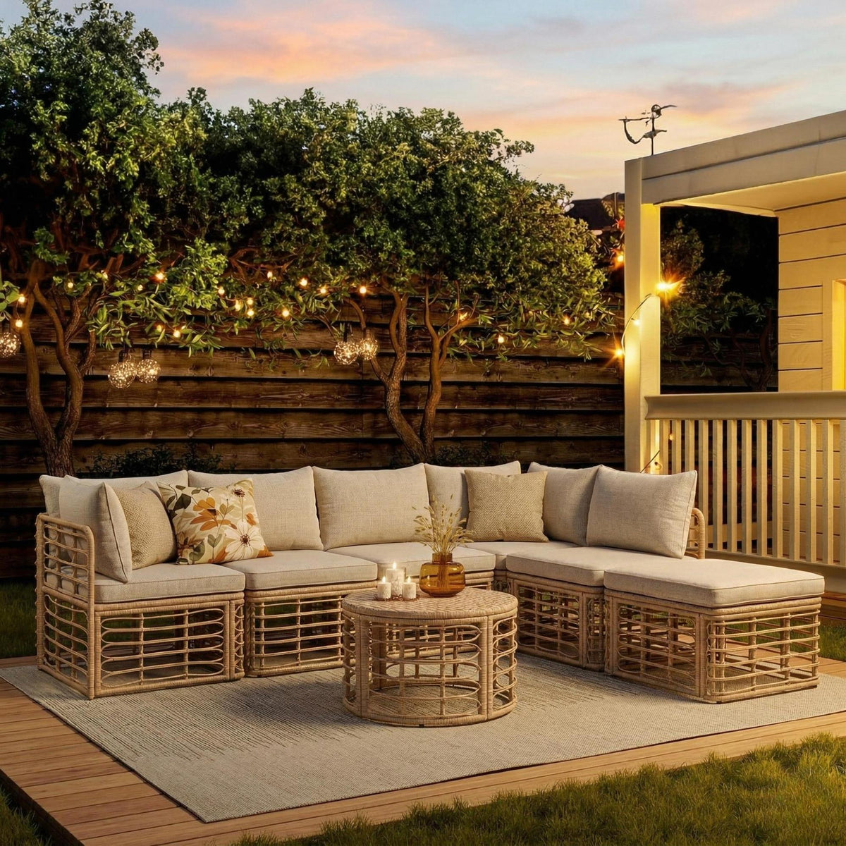 Roomfitters 7-Piece Contemporary Hollow-Woven Rattan Sectional Sofa Set with Round Coffee Table Brown Roomfitters