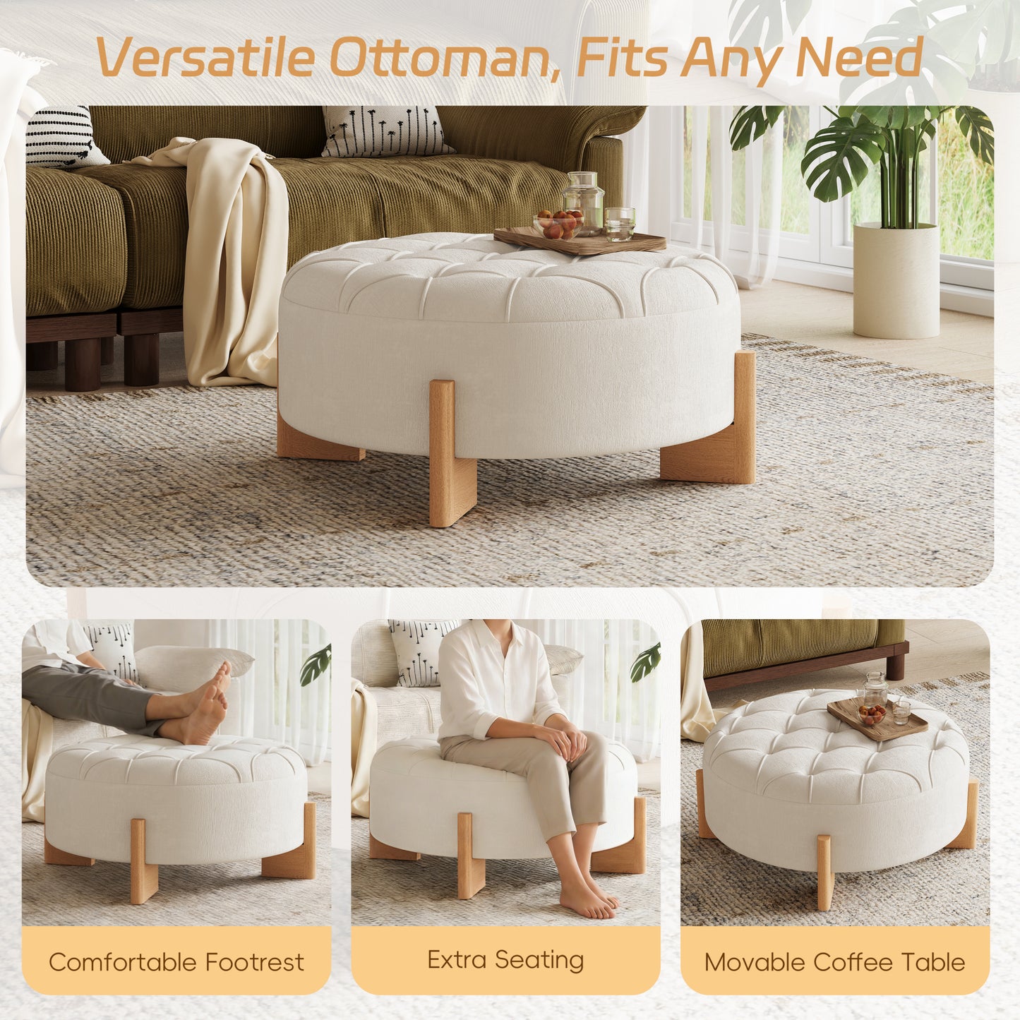 variant-group:rf-n723p405298a|Roomfitters 32 Inch Oversized Round Button-Tufted Ottoman, Upholstered Coffee Table Footrest with Wood Legs, Beige