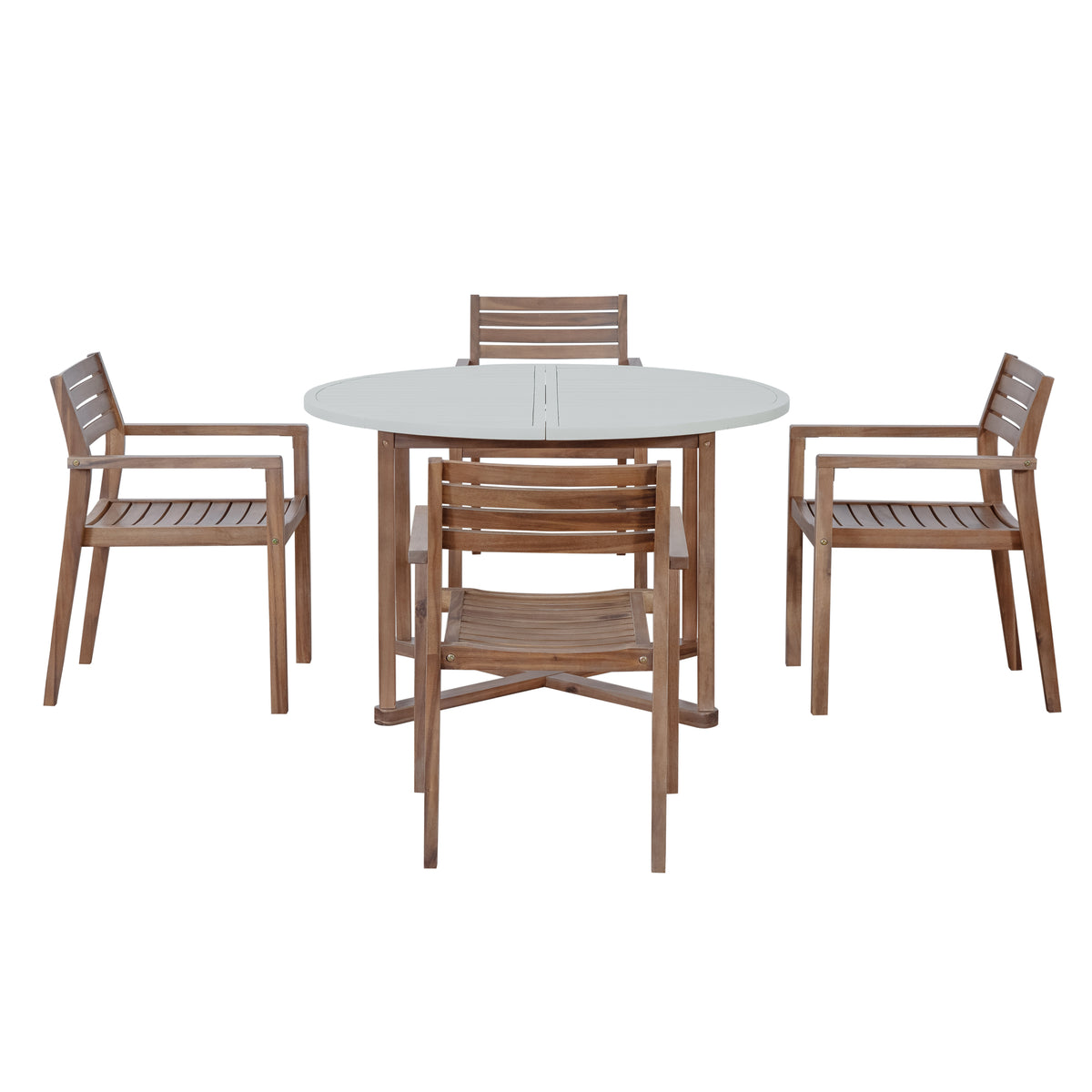variant-group:rf-n711wy000475aad|Roomfitters 5-Piece Outdoor Dining Set for 4, 47.2-Inch Round Acacia Wood Table, Light Grey Slatted Patio Group
