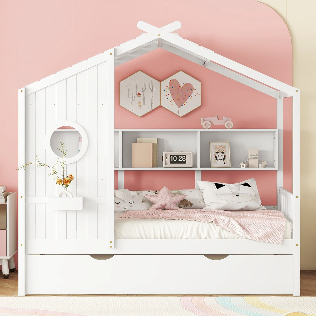 Roomfitters Wooden Twin Size House Bed with Trundle and Storage Shelf, White
