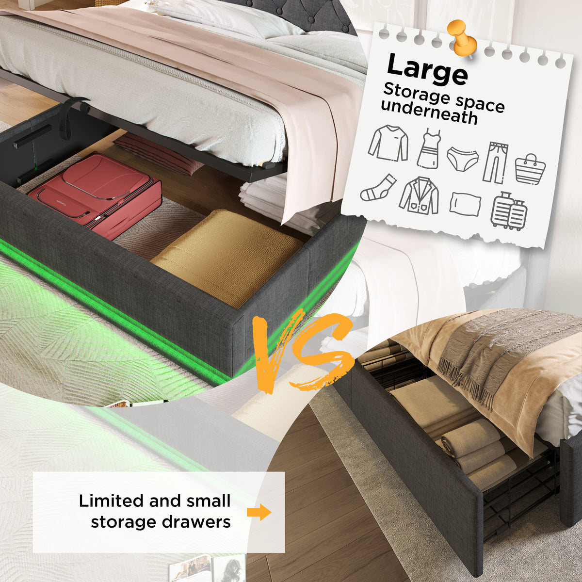 variant-group:rf-n736p188806g|Roomfitters Full Size Upholstered Storage Bed with USB Type-C Charging and Remote Control, Linen Gray