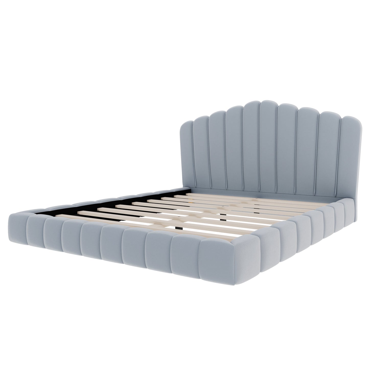Roomfitters Queen Size Shell-Shaped Velvet Upholstered Platform Bed, Channel Tufted Headboard, No Box Spring Needed, Light Blue Roomfitters