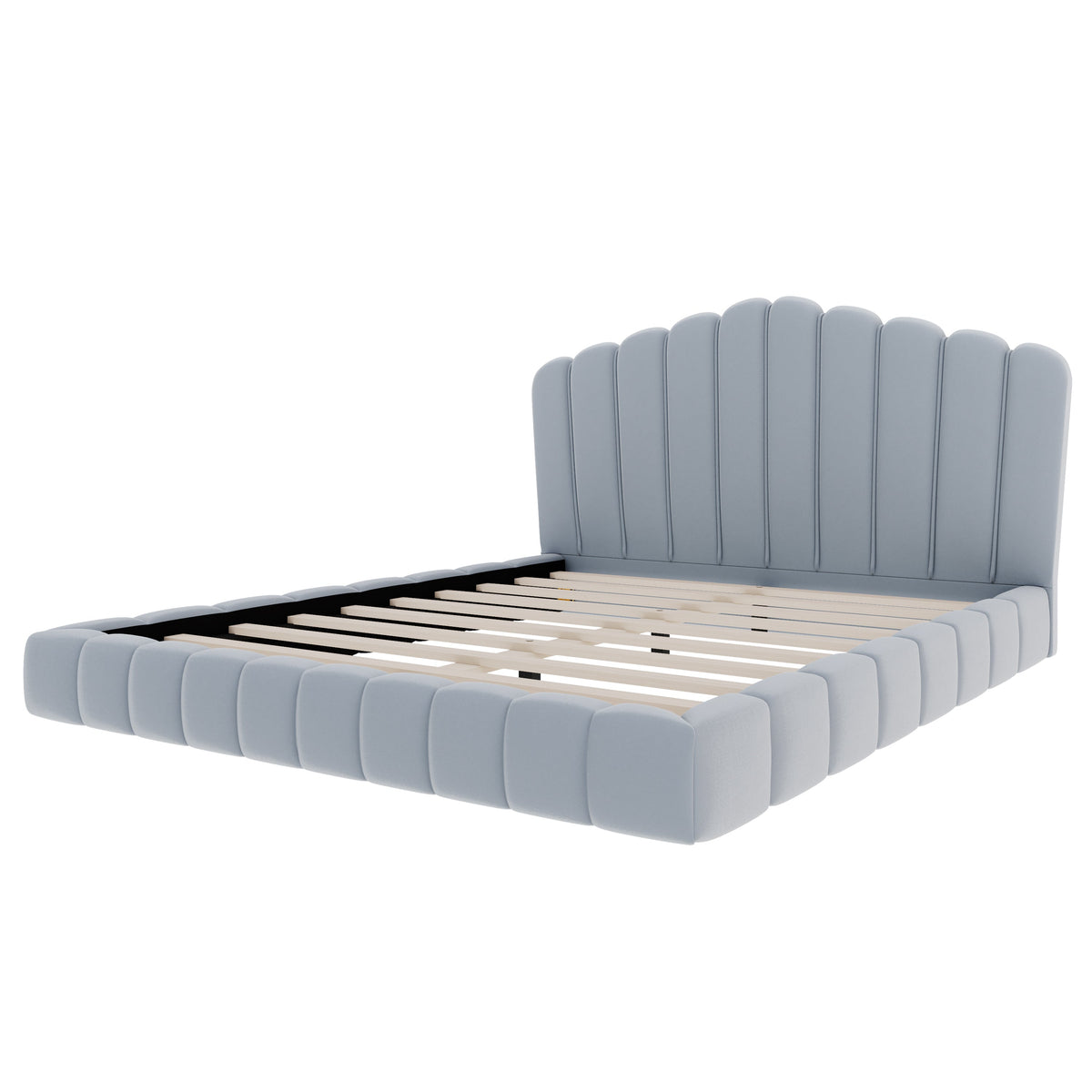 Roomfitters Queen Size Shell-Shaped Velvet Upholstered Platform Bed, Channel Tufted Headboard, No Box Spring Needed, Light Blue Roomfitters