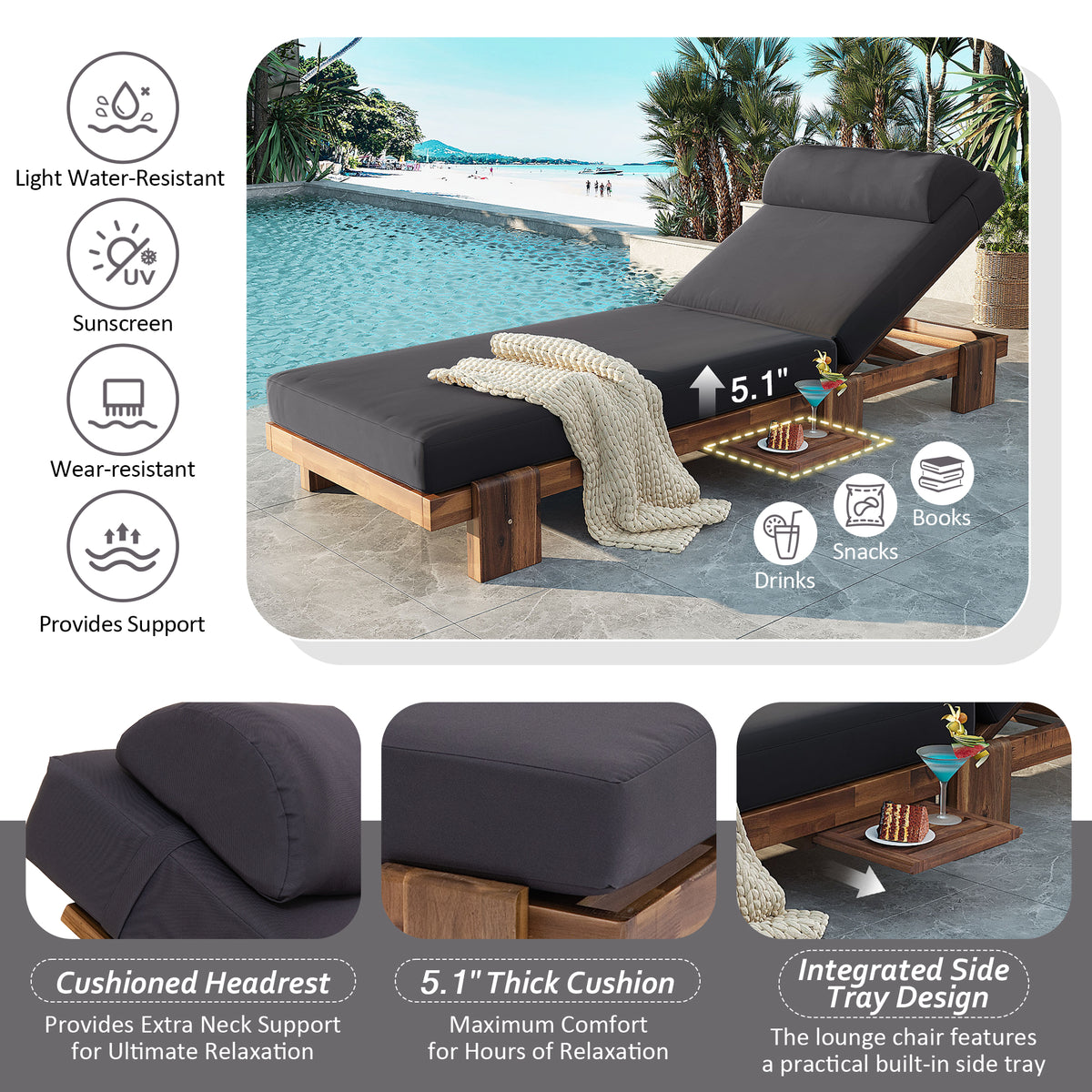 variant-group:rf-n711wy000473aae|Roomfitters 78.8" Outdoor Patio Chaise Lounge Chair with Adjustable Backrest and Side Table for Poolside & Garden, Dark Gray