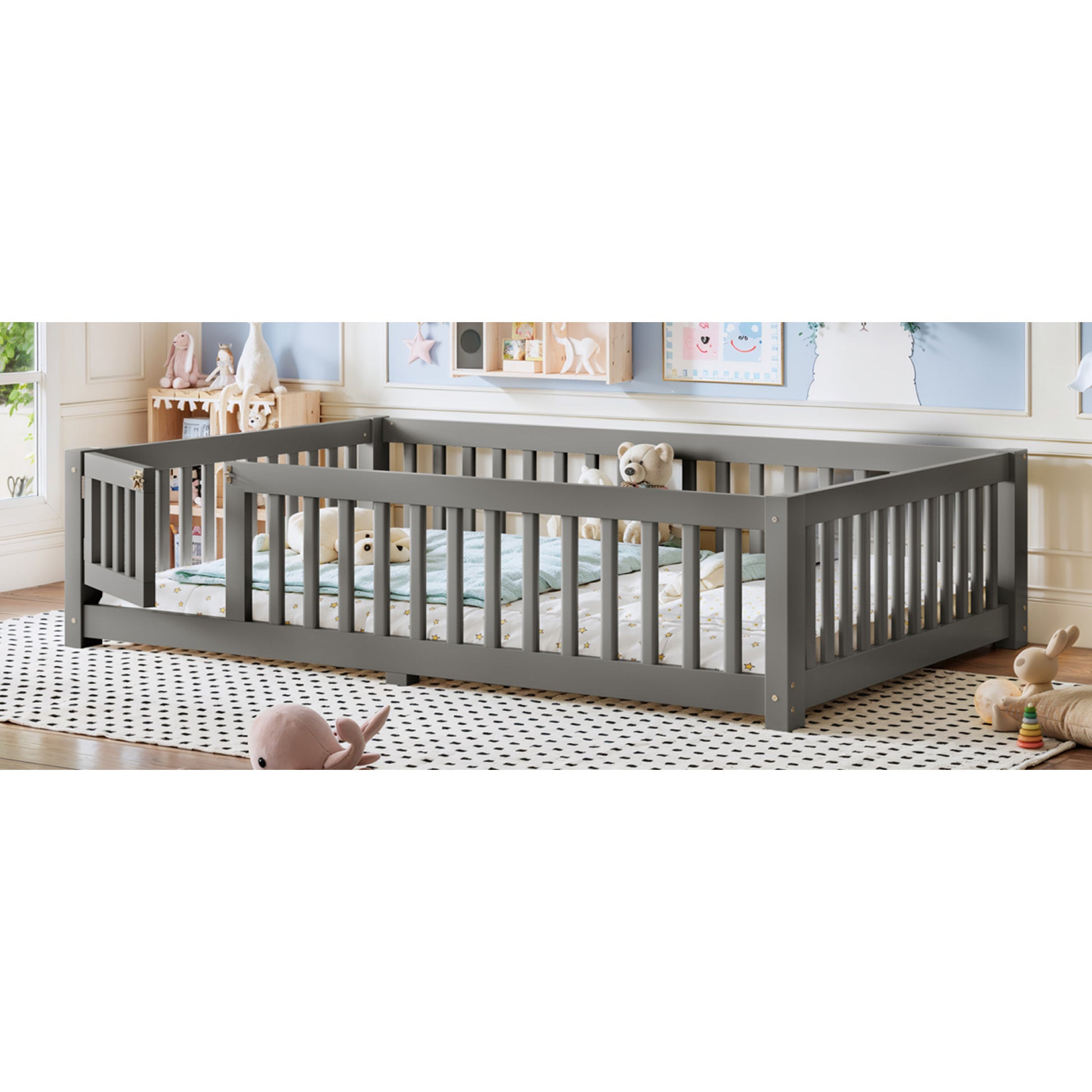 variant-group:rf-w1580p462318|Roomfitters Full Size Wooden Floor Bed Frame with Safety Guardrails Door, Solid Wood Low Profile Toddler Play Bed, Gray