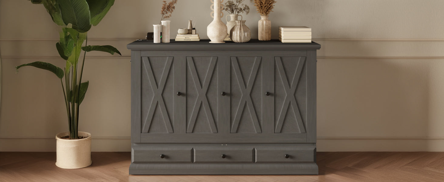 Roomfitters Full Size Solid Wood Murphy Bed Chest Cabinet, Farmhouse Wall Bed Charging Station Storage Drawer, Grey Roomfitters