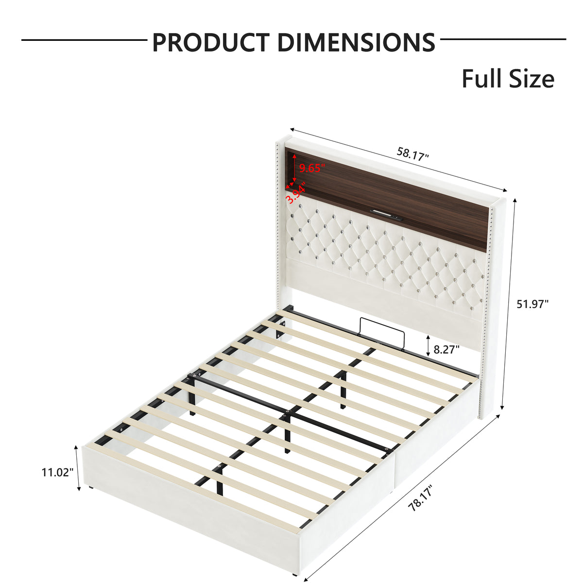variant-group:rf-n733p368653a|Roomfitters Full Velvet Tufted Platform Bed with Charging Ports, Tall Wingback Headboard with Rivet Trim and Shelf, Beige