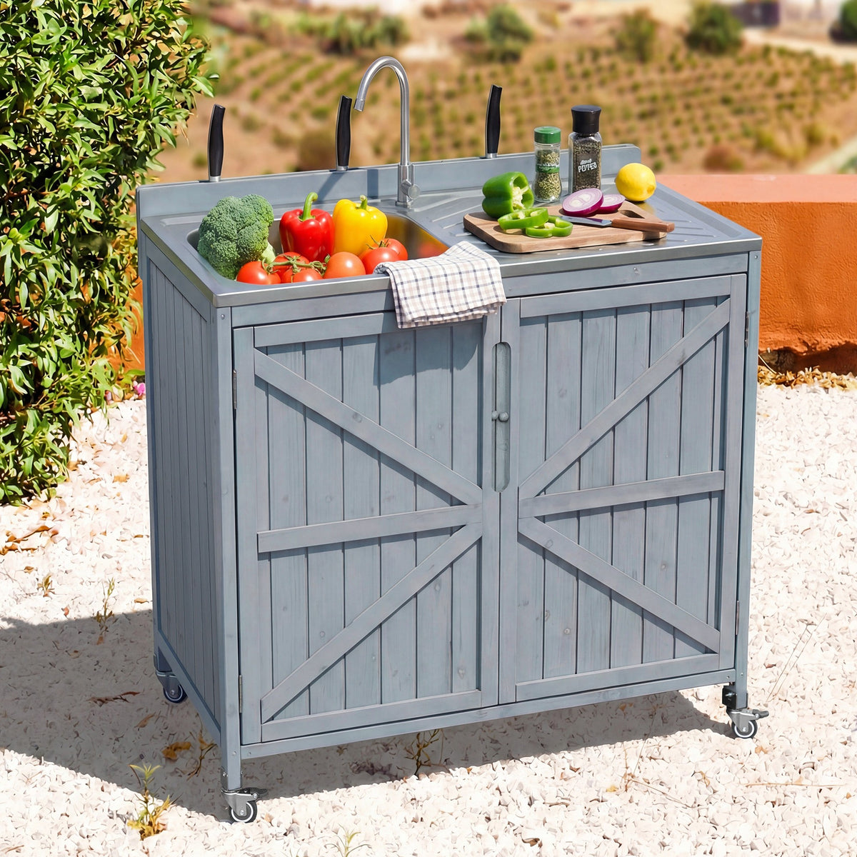 variant-group:rf-n707p370281g|Roomfitters 39.4" Outdoor Grill Cart with Stainless Steel Top, Prep Station with Sink and Storage Cabinet, Grey+Blue