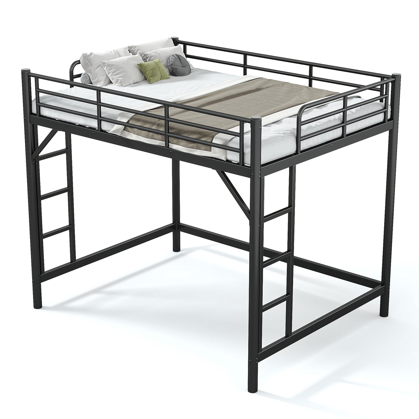 variant-group:rf-w1580p455017|Roomfitters Queen Size Metal Loft Bed Frame with Guardrails, Heavy Duty Space Saving High Loft Bed Dual Ladders, Black