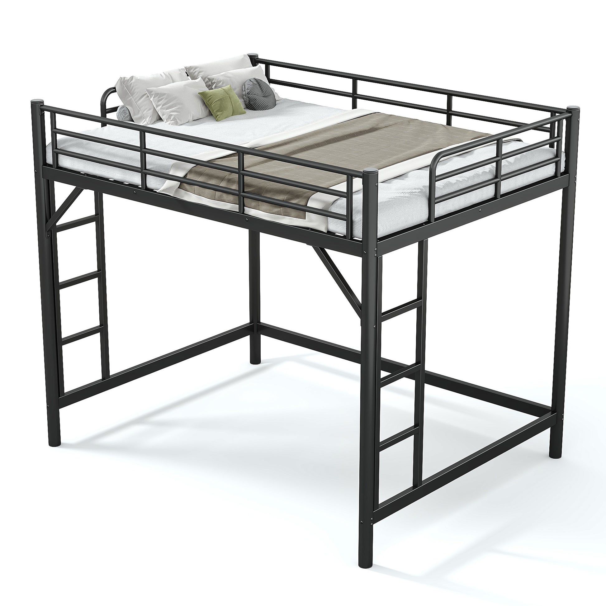 variant-group:rf-w1580p455017|Roomfitters Queen Size Metal Loft Bed Frame with Guardrails, Heavy Duty Space Saving High Loft Bed Dual Ladders, Black