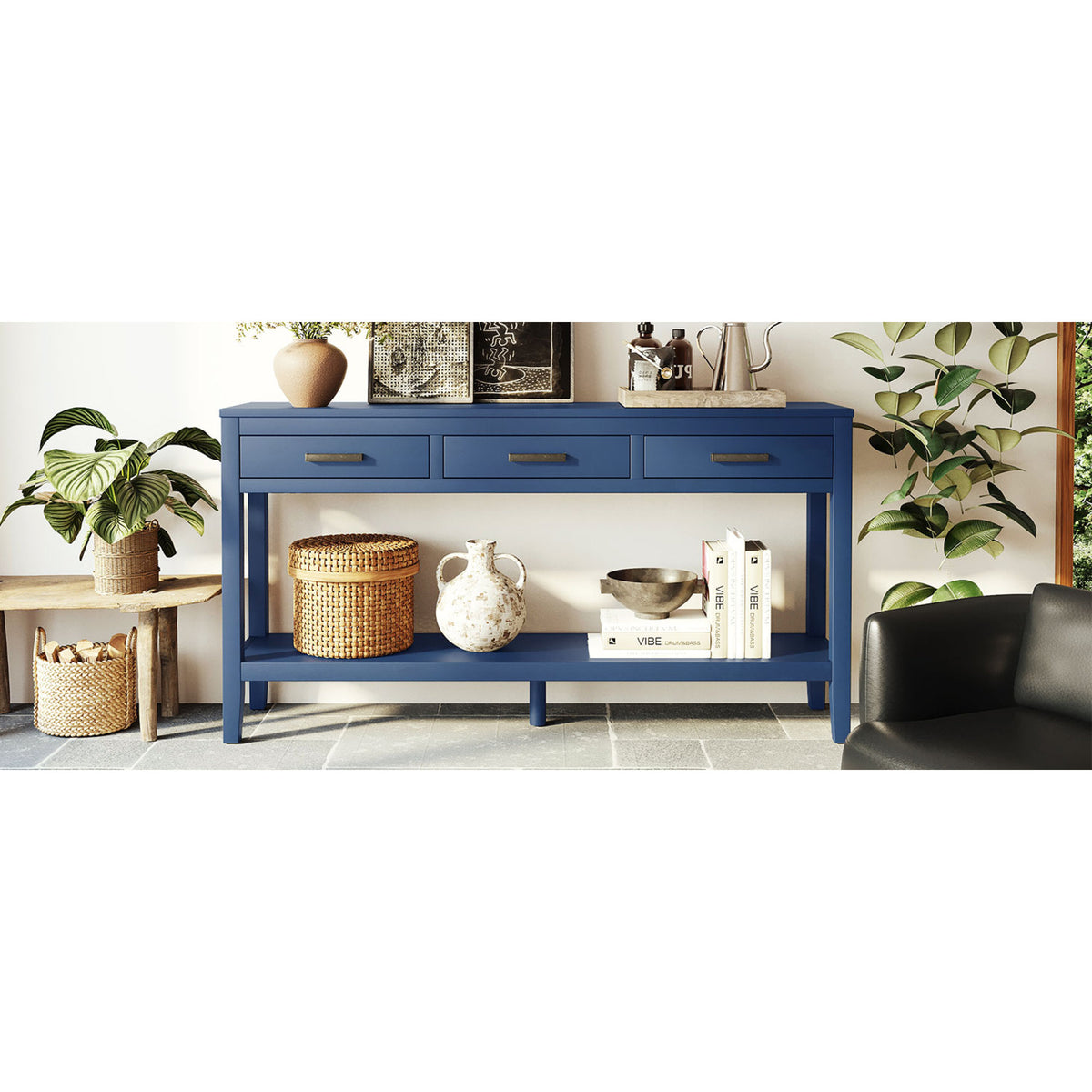 variant-group:rf-n711p410445v|Roomfitters 59.1" Farmhouse Entryway Table with 3 Drawers, Slim Console Sofa Table with Open Shelf for Hallway, Navy Blue