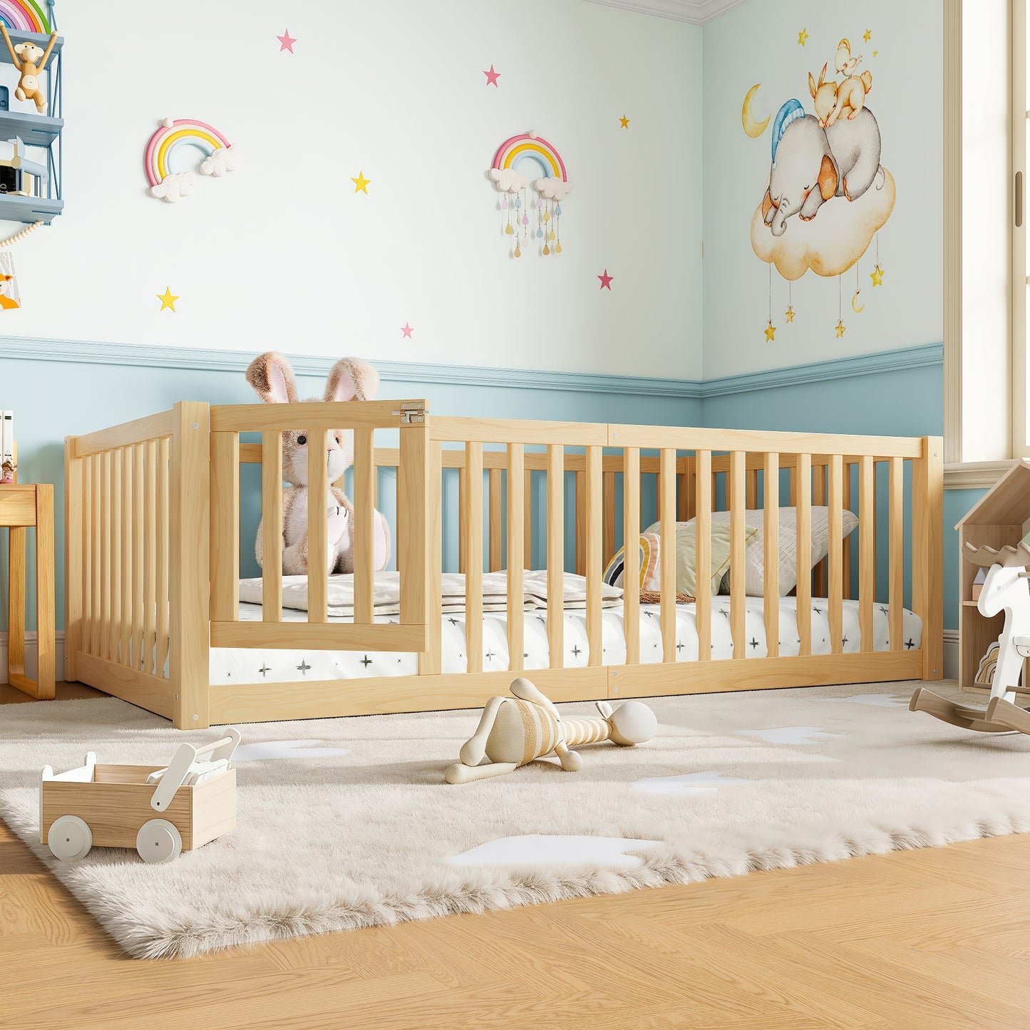 variant-group:rf-w1580p417669|Roomfitters Twin Size Wooden Floor Bed with Safety Guardrails Door, Solid Wood Low Profile Toddler Bed Frame, Natural