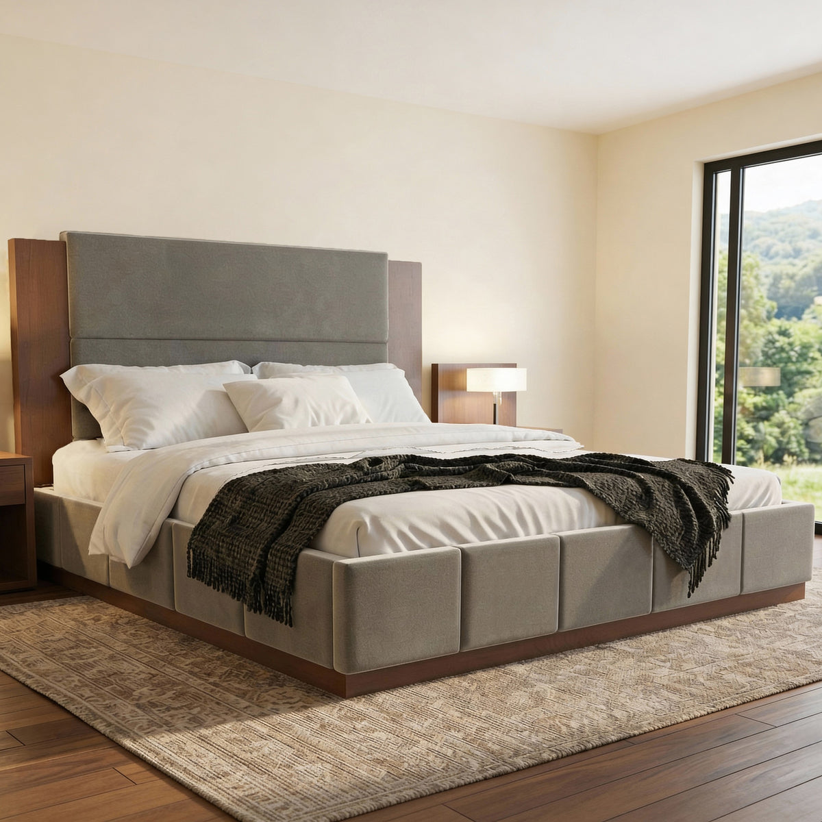variant-group:rf-n701bs701p388105e|Roomfitters King Size Upholstered Platform Bed Frame, Extended Wood Headboard Velvet Bed, No Box Spring Needed, Grey