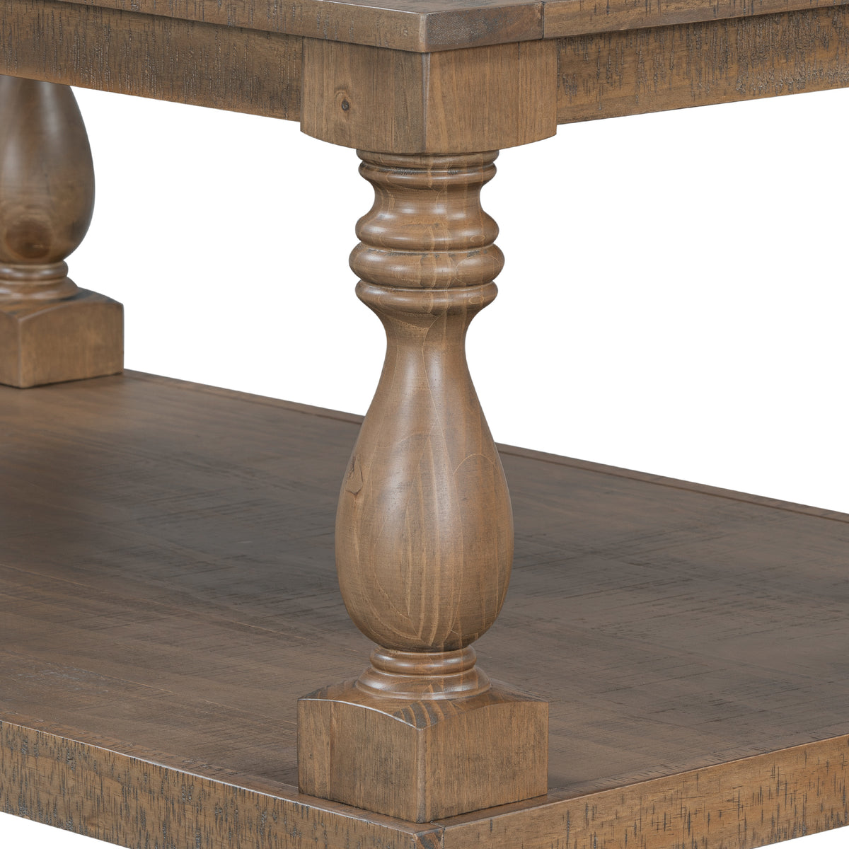 variant-group:rf-n711p407149d|Roomfitters Vintage Brown Pine Wood Coffee Table, Sculpted Vase Column Leg Cocktail Table, Living Room Statement Stand
