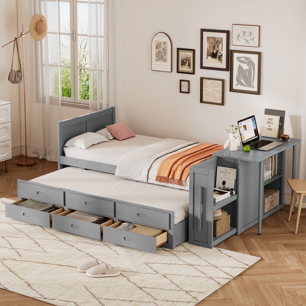 variant-group:rf-n733s212832e|Roomfitters Twin Size Multifunctional Wood Platform Bed with Desk and Storage Shelf, Built-in Trundle and Storage, Grey