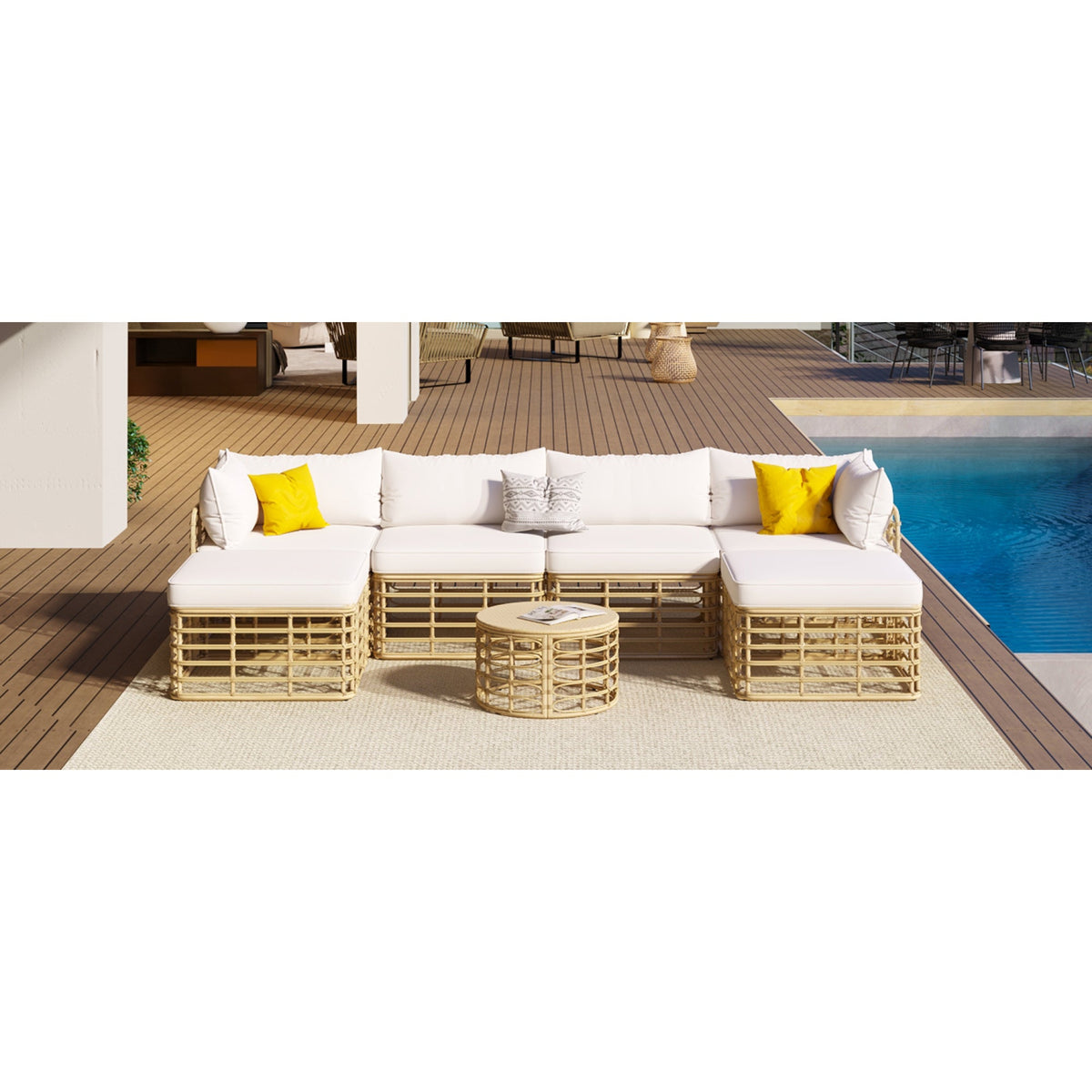 Roomfitters 7 Pieces Outdoor Patio Furniture, All-Weather Rattan Sectional Sofa Set with Thick Cushions and Pillows, Freely Combined Conversation Sets for Garden, Backyard, Balcony, Beige Roomfitters