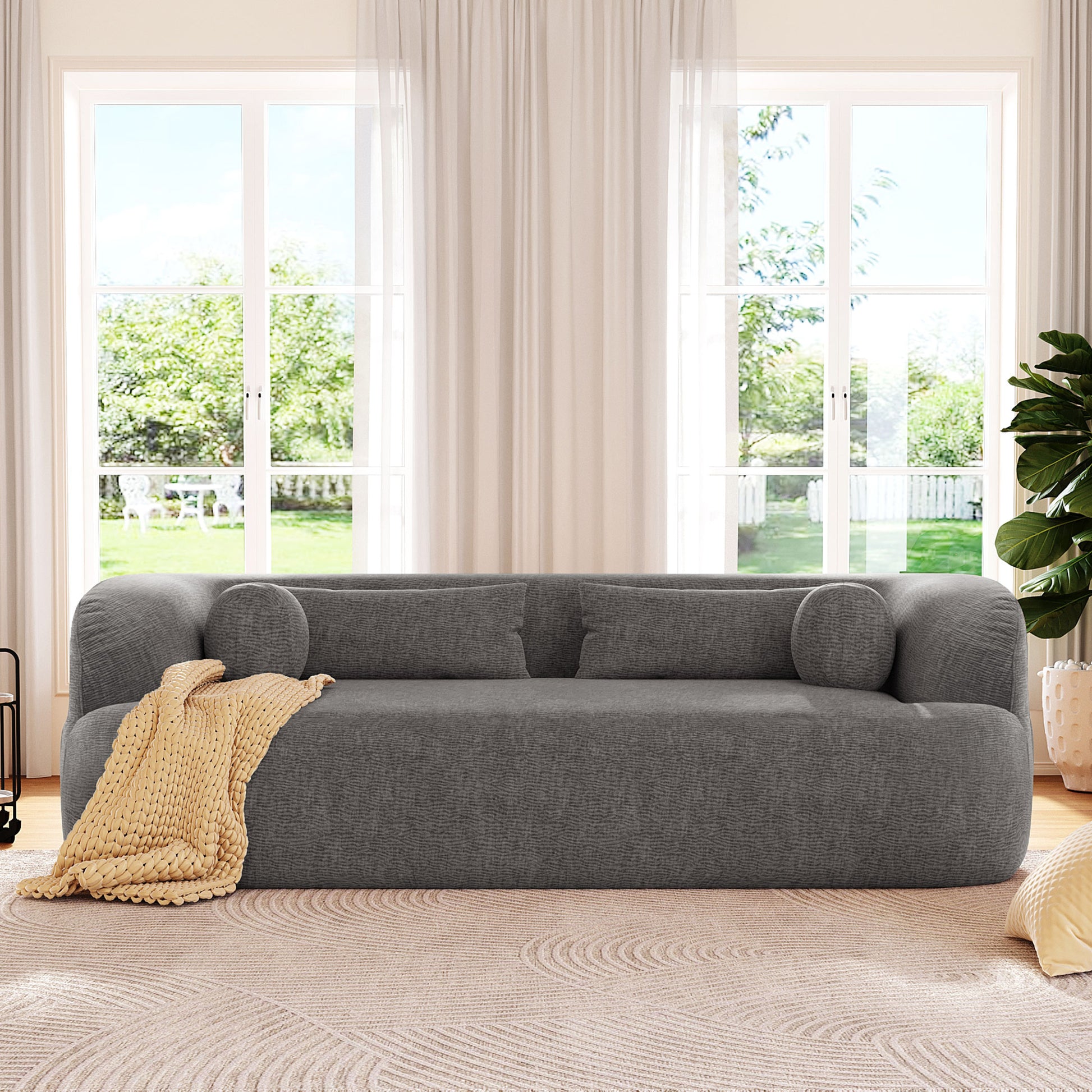 variant-group:rf-n723p404465e|Roomfitters 86 Inch Modern Curvy Sofa, 3-Seater Rounded Upholstered Couch with Plush Throw Pillows for Living Room, Gray
