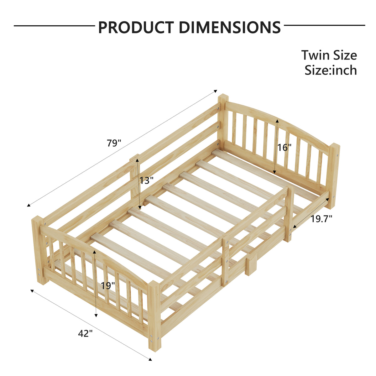 variant-group:rf-n733p400298n|Roomfitters Twin Montessori Floor Bed with Guardrails, Solid Wood Low Platform Bed with Slats, Easy Assembly, Natural