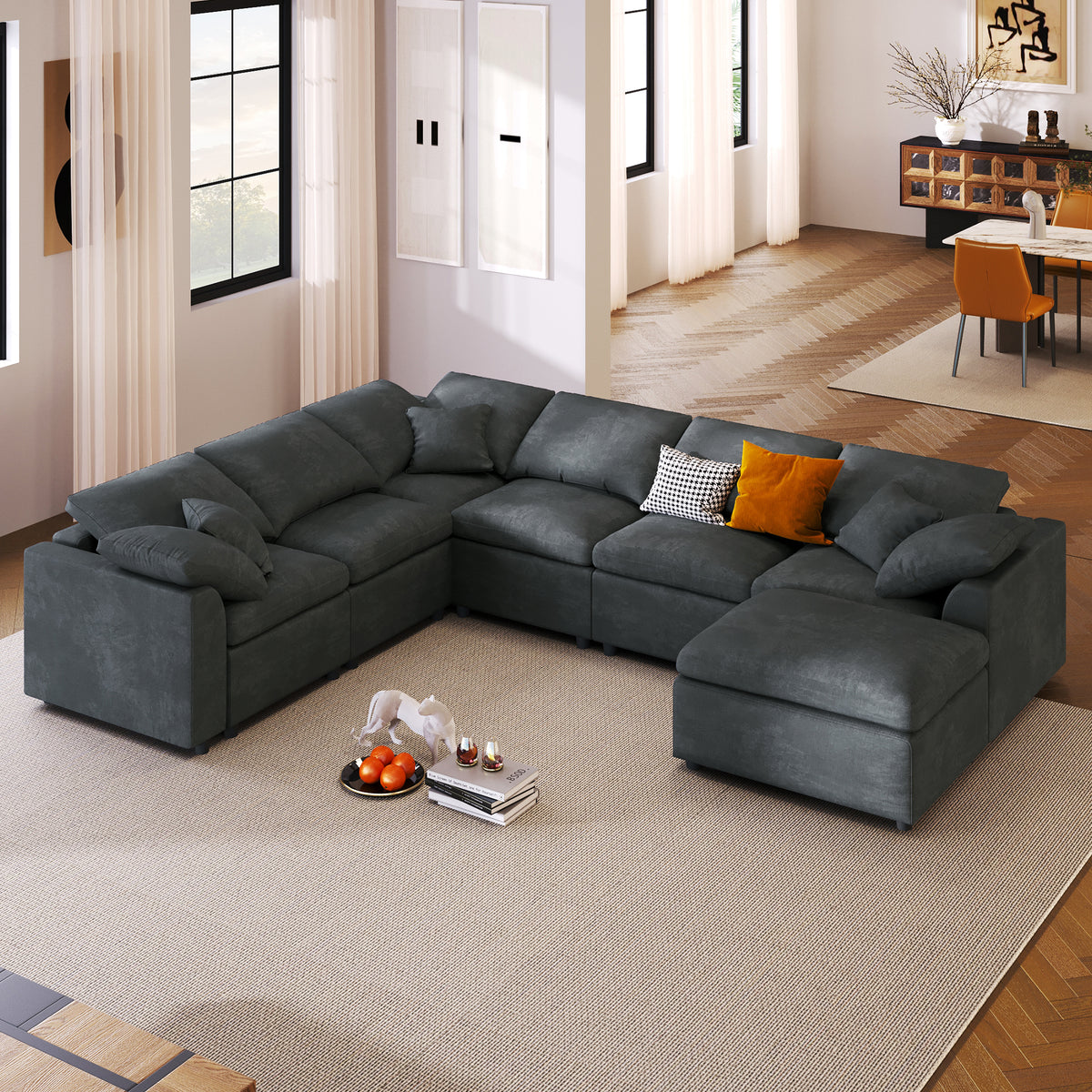 variant-group:rf-n711wy000453aae|Roomfitters 7-Seater Modular Sectional Sofa with Ottoman, Extra Large L-Shape Chenille Upholstered Couch, Gray