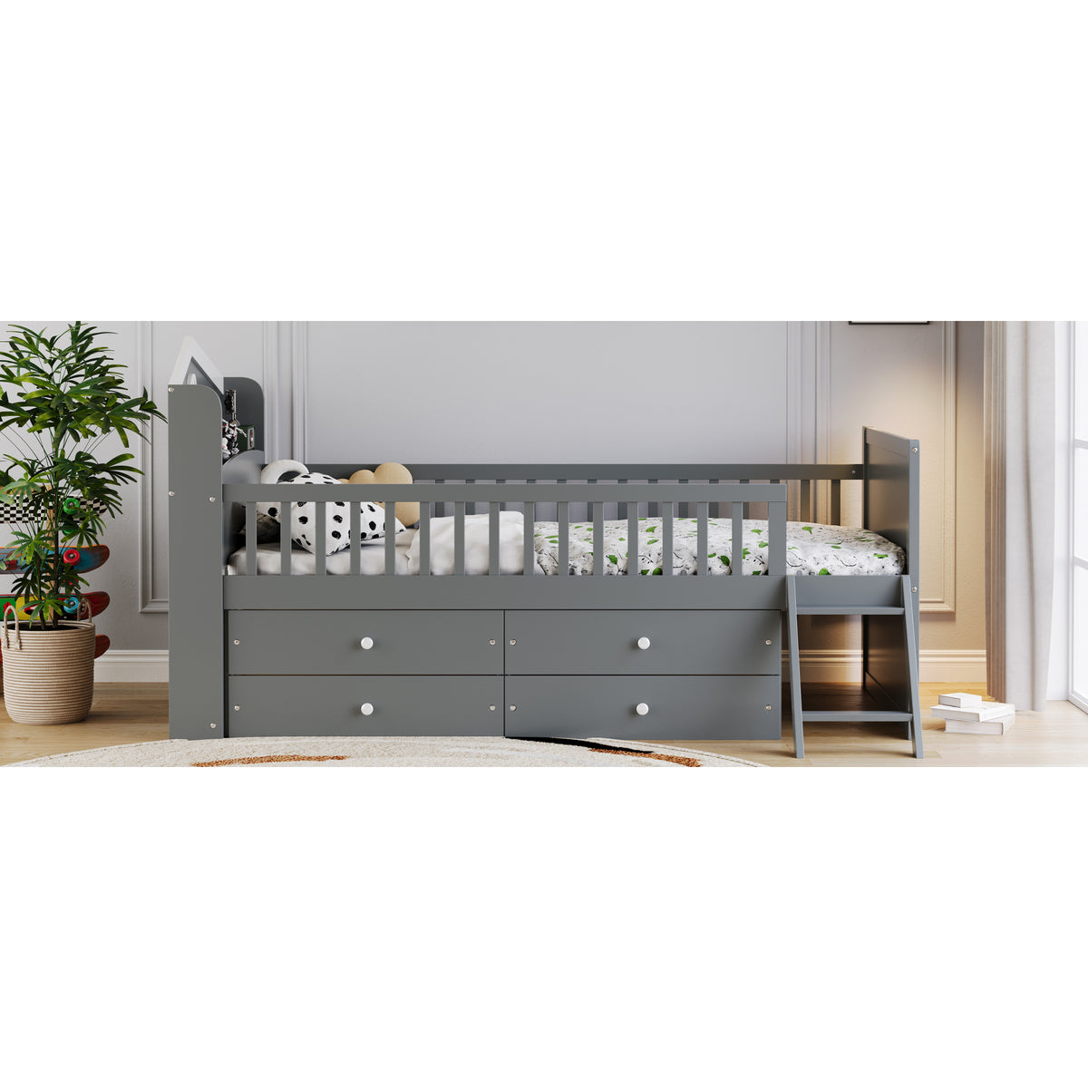 variant-group:rf-n733s278032e|Roomfitters Twin Platform Bed Frame with Four Drawers, Wooden Kids Bed with Guardrail Headboard and Ladder, Gray