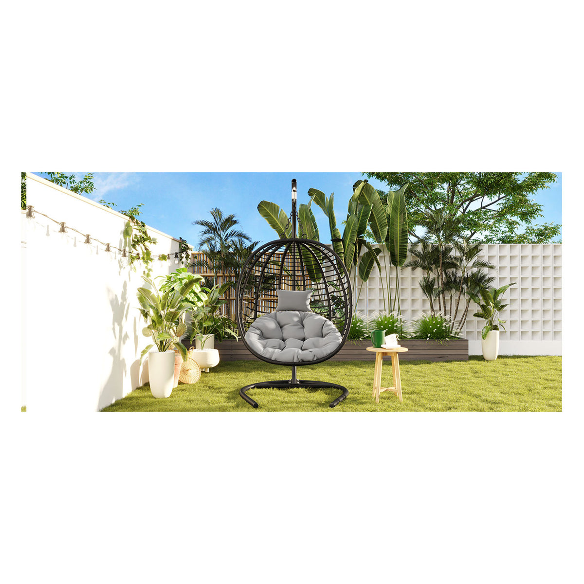 variant-group:rf-n711p389503e|Roomfitters Single Person Folding Egg Chair with Stand, UV Resistant Wicker Rattan Swing for Patio, Garden, Black+ Gray