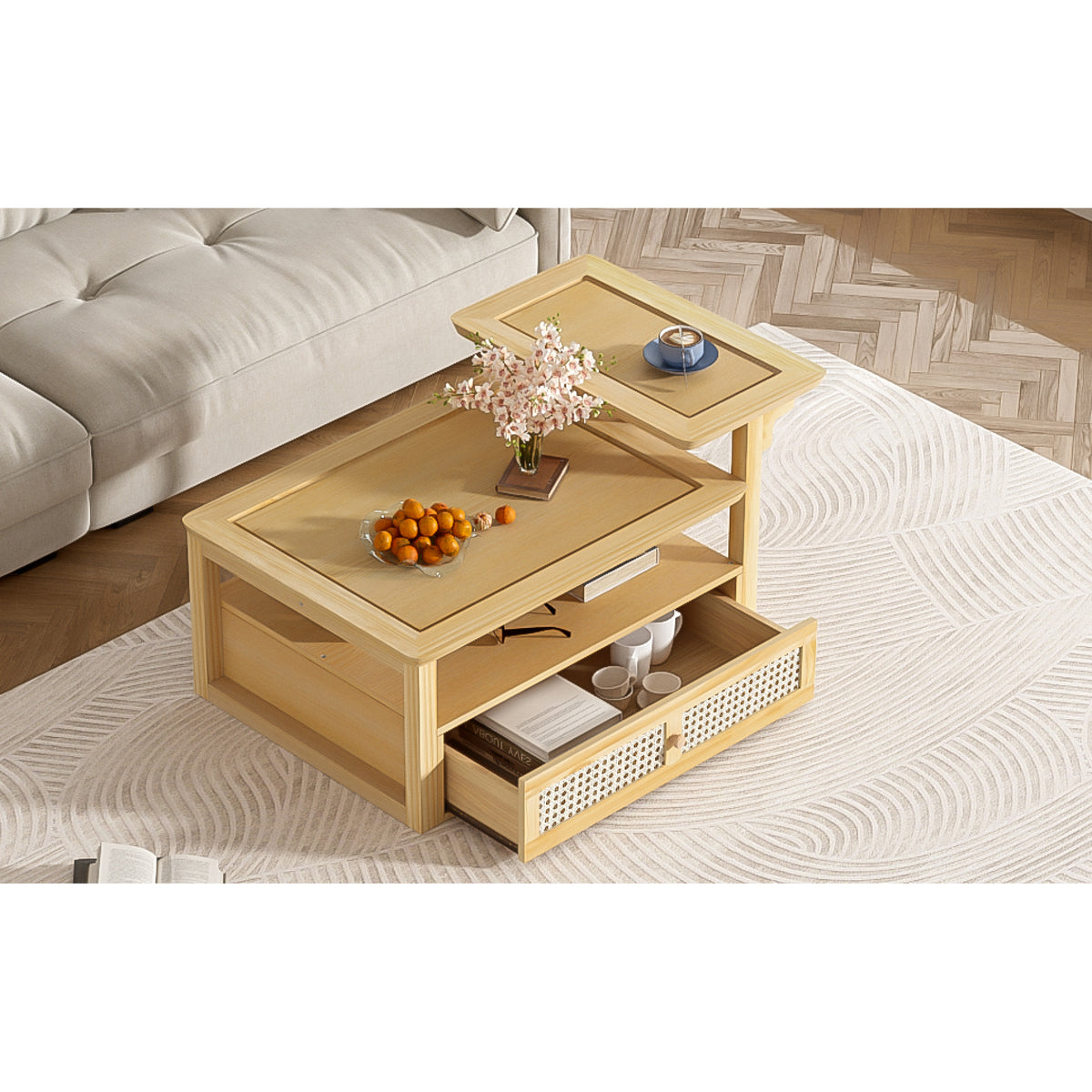 variant-group:rf-n724p232190n|Roomfitters Modern Coffee Table with Open Shelf, Dual Tabletops and Rattan Accent Storage, Natural