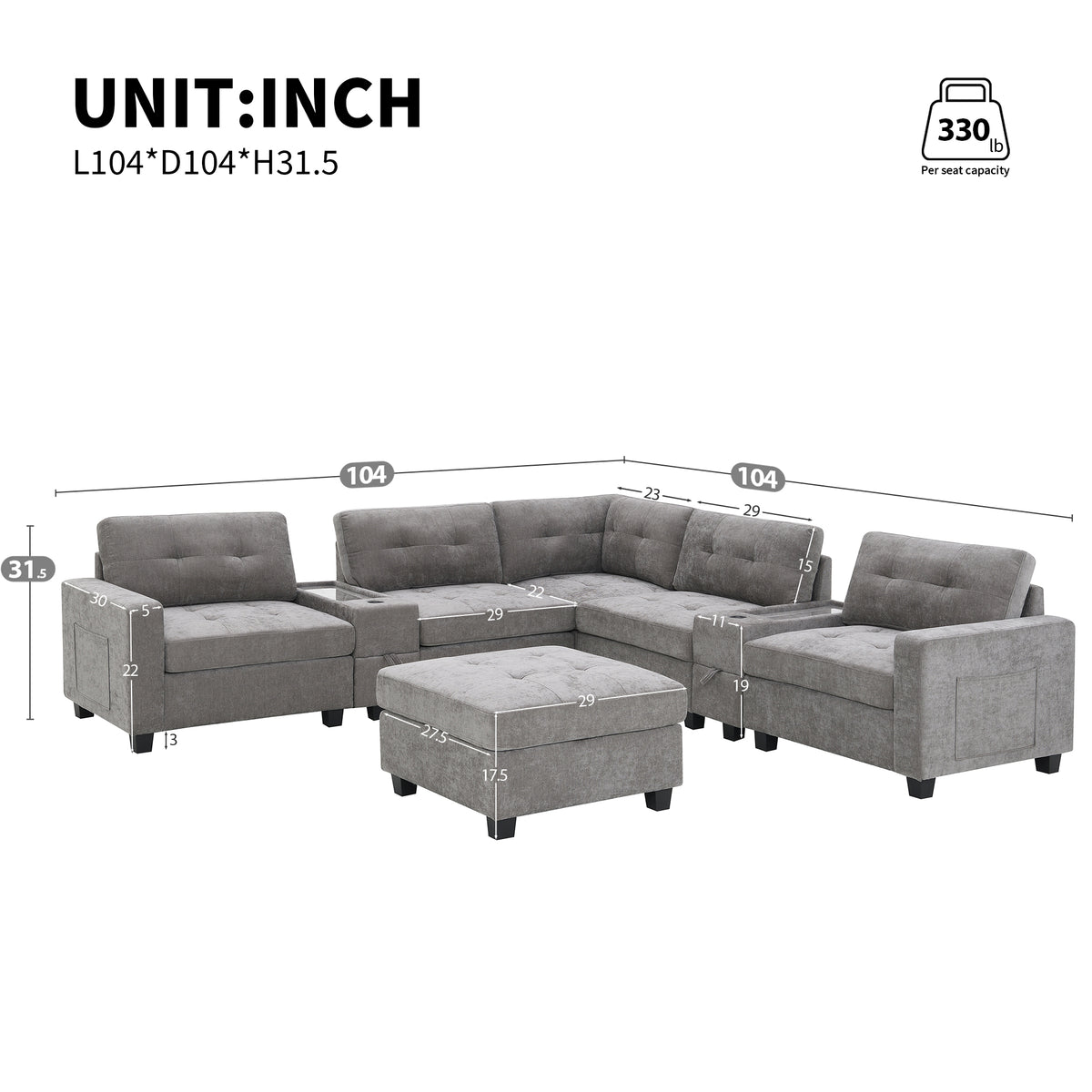 variant-group:rf-n723s1191e|Roomfitters 104 Inch Modular Sectional Sofa with Console and Cup Holders, Upholstered L-Shape Couch for Home Decor, Gray