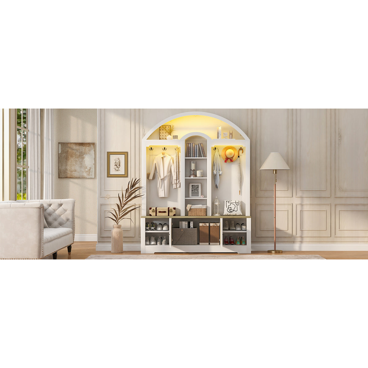 variant-group:rf-n724sj000158aak|Roomfitters Multi-Functional Curved Entrance Wardrobe, Hall Tree, White & Walnut