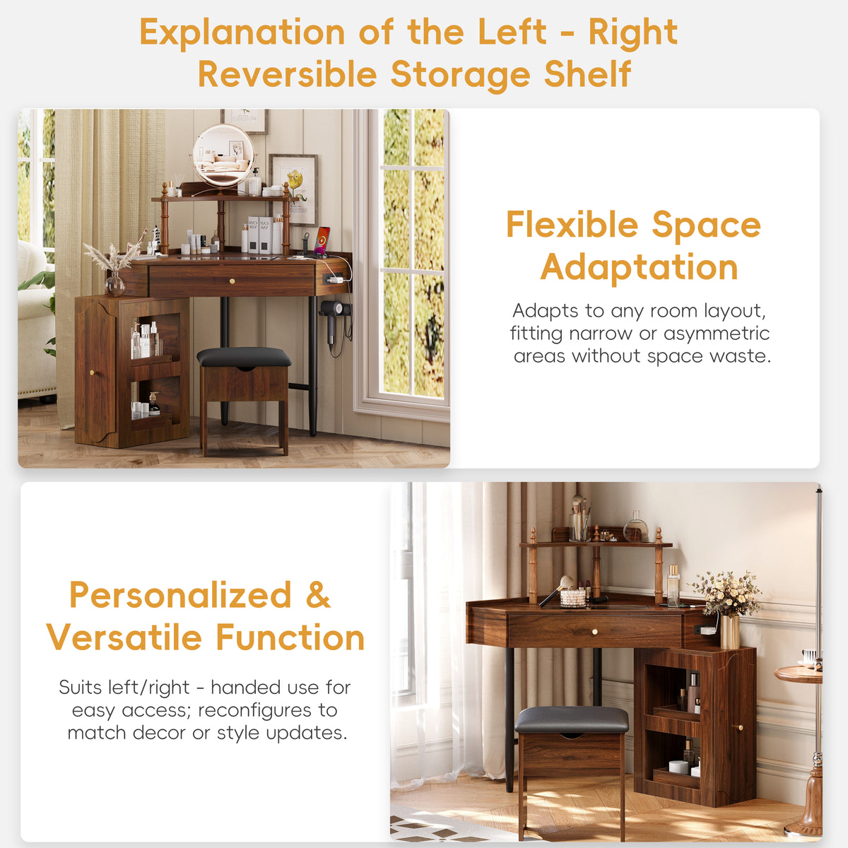 variant-group:rf-n733p336237d|Roomfitters Corner Vanity Desk Set with Stool, Charging Station, Glass Top, Drawer, Shelf, Pull-Out Cabinet, Walnut