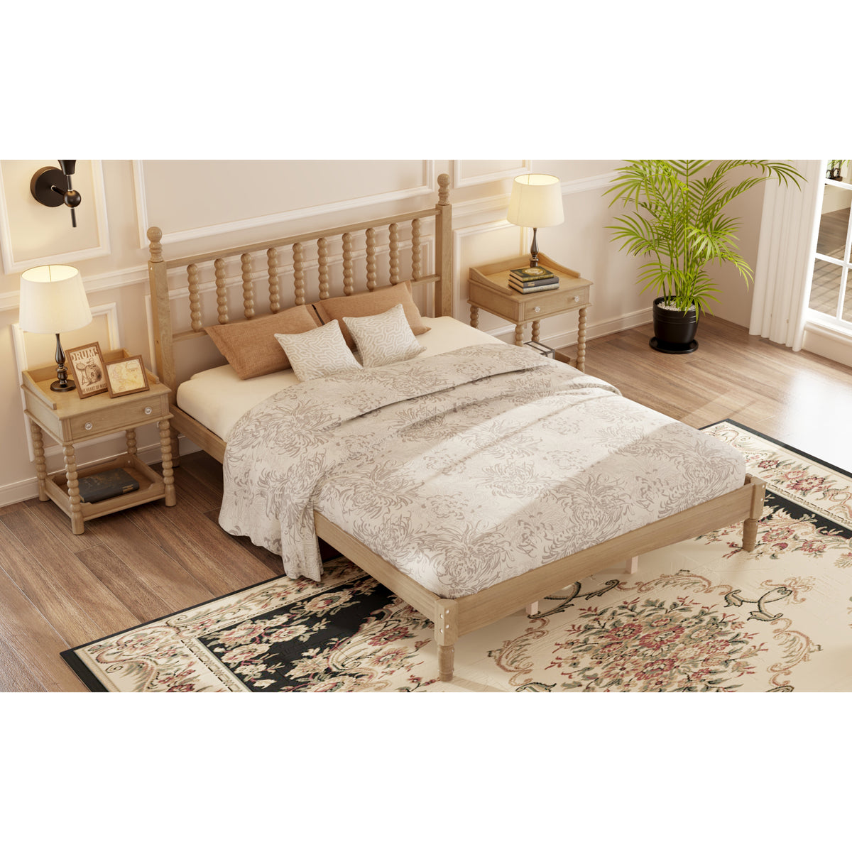 variant-group:rf-n733p206242m|Roomfitters Queen Size Wood Platform Bed with Gourd Shaped Headboard, Retro Style Platform Bed with Wooden Slat Support, Natural