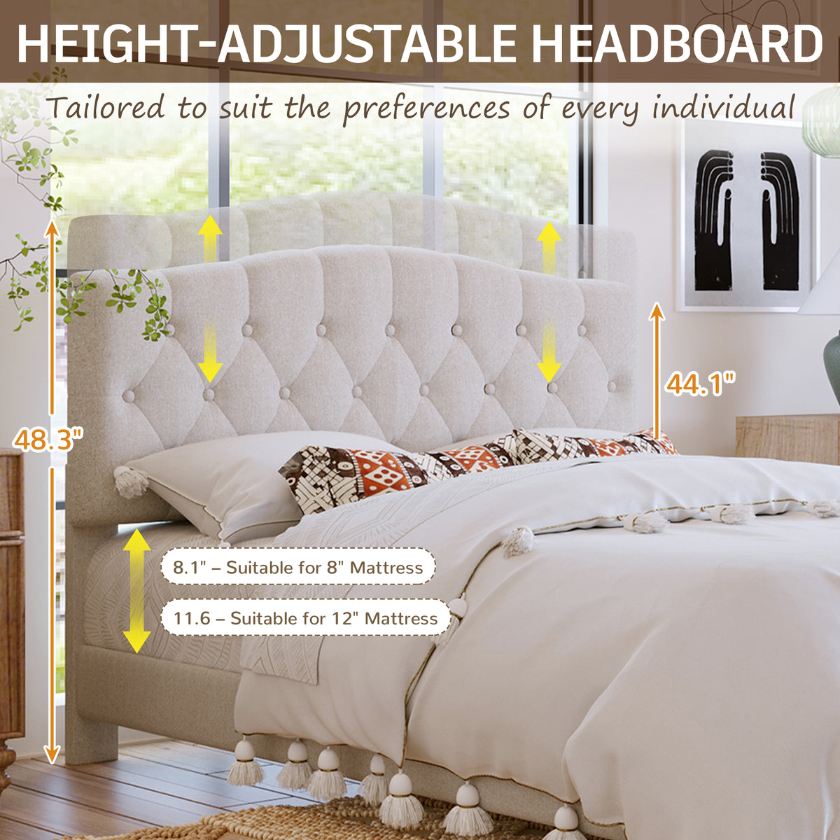 variant-group:rf-n701p342915b|Roomfitters Queen Size Elegant Tufted Upholstered Platform Bed Frame, Diamond Button Headboard, No Box Spring Needed, Beige