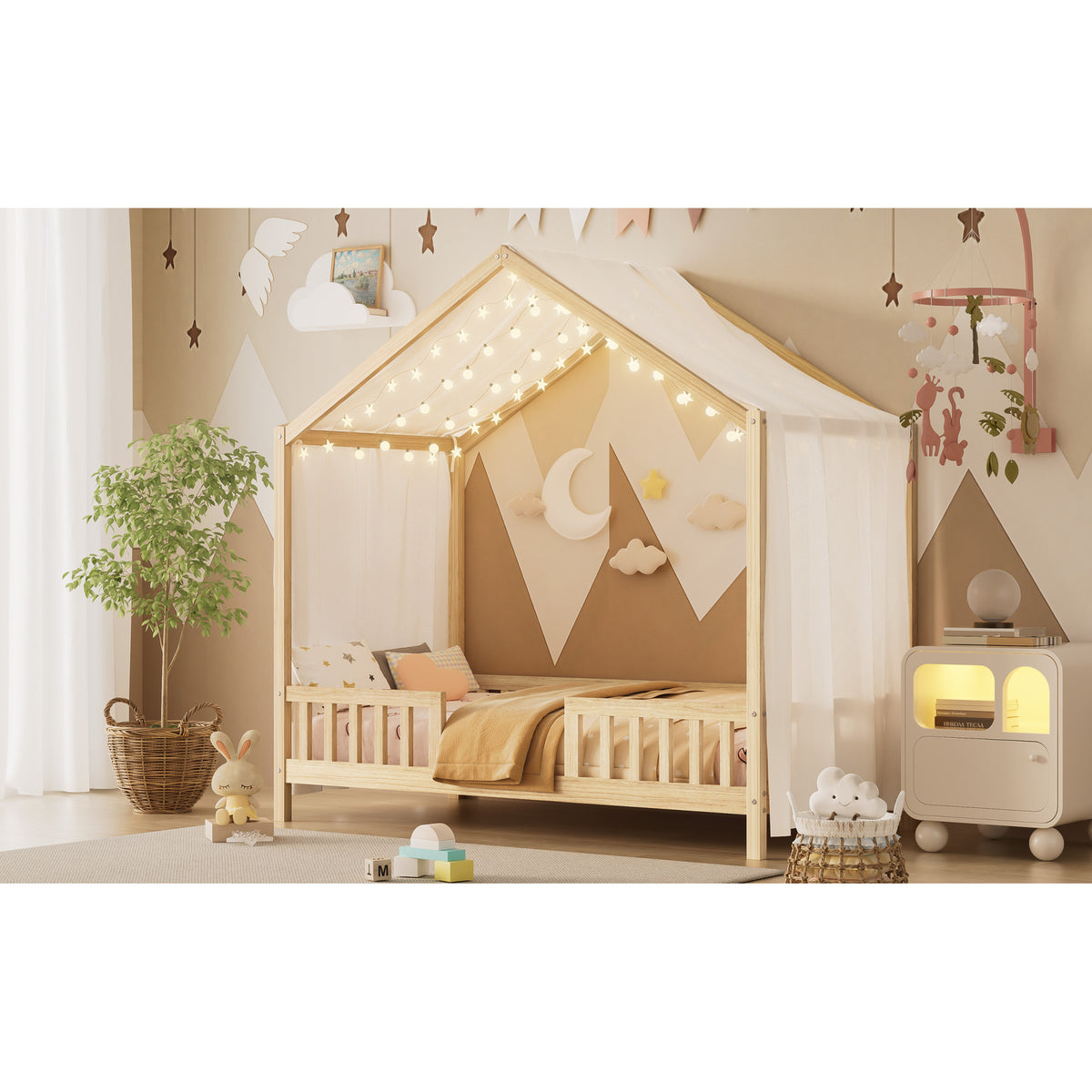 variant-group:rf-n733p356043m|Roomfitters Twin Montessori Floor Bed with Canopy, House Shape Wood Frame with Safety Rails, Youth Platform Bed, Natural