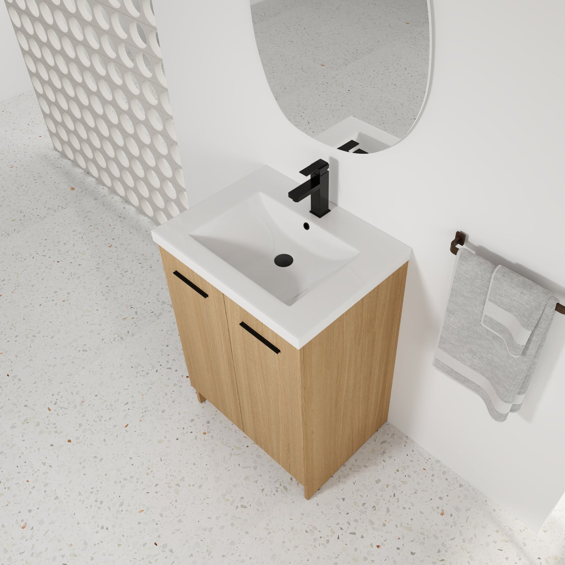 24" Freestanding Bathroom Vanity with Resin Sink, Light Oak, Double Door Storage, KD (Ready-to-Assemble), Includes Black & Brushed Aluminum Handles Roomfitters