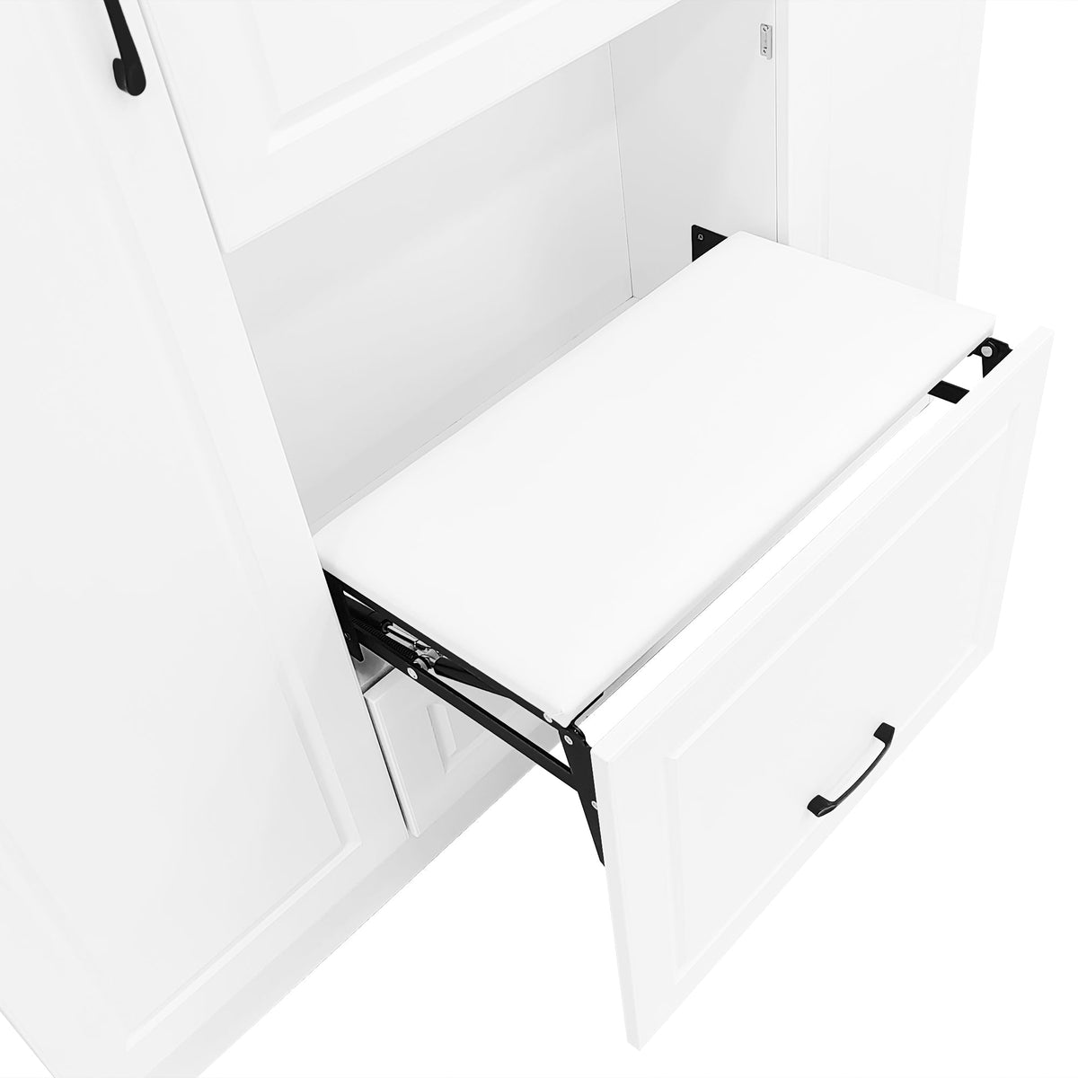 Roomfitters Entryway Bench with Shoe Cabinet and Mirror Door, Foldable Seat and 4 Hooks, White Roomfitters