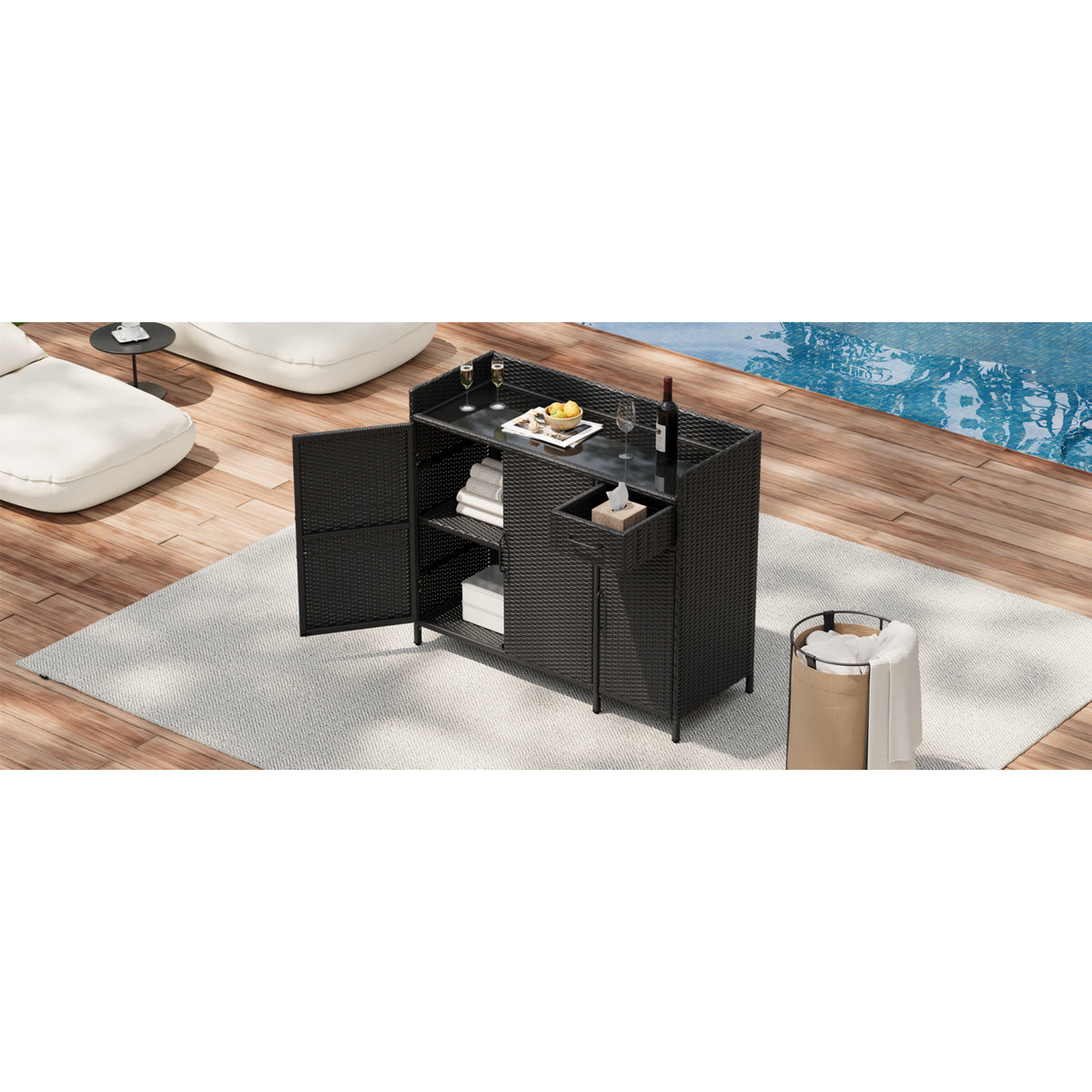 variant-group:rf-n707p233745b|Roomfitters 47.5" Wicker Outdoor Storage Cabinet, Rattan Bar Table with Glass Top, Adjustable Shelf, 3 Doors, Black Brown