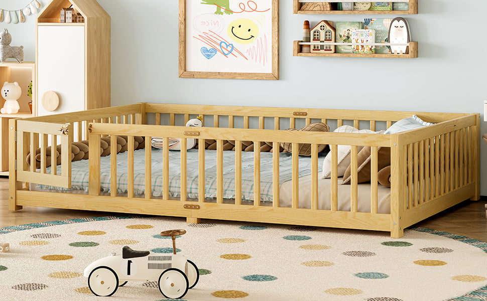 variant-group:rf-w1580p338954|Roomfitters Wooden Queen Floor Bed Frame with Door & Safety Guardrails, Low Platform Design for Bedroom or Playroom, Natural