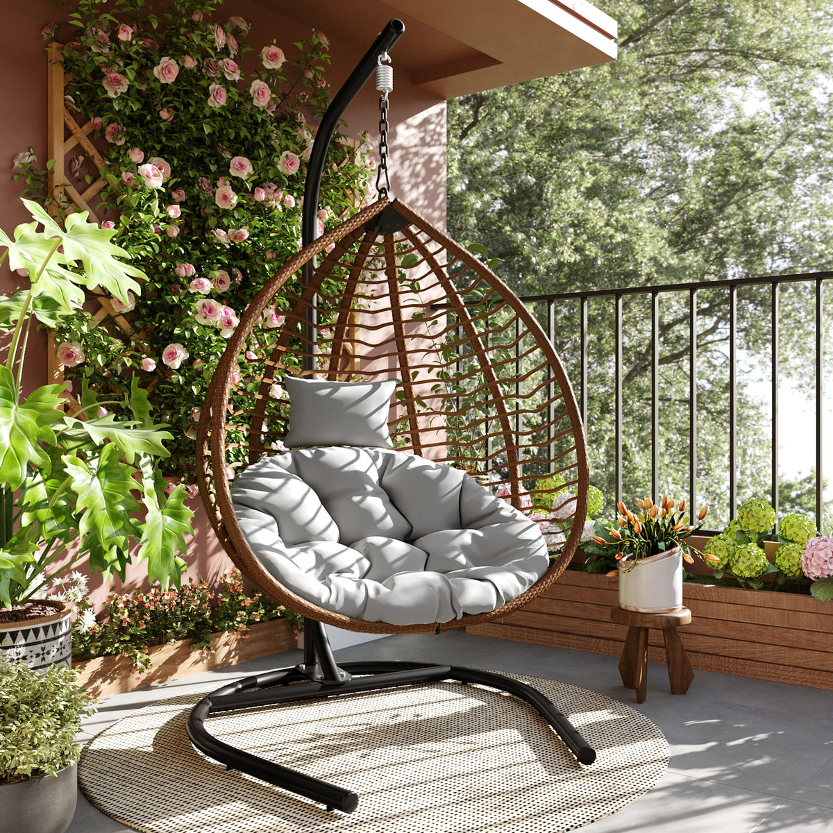 variant-group:rf-n711p389502g|Roomfitters Indoor Outdoor Hanging Egg Hammock Chair with Stand, Wicker Rattan Swing for Patio and Bedroom, Brown+Gray