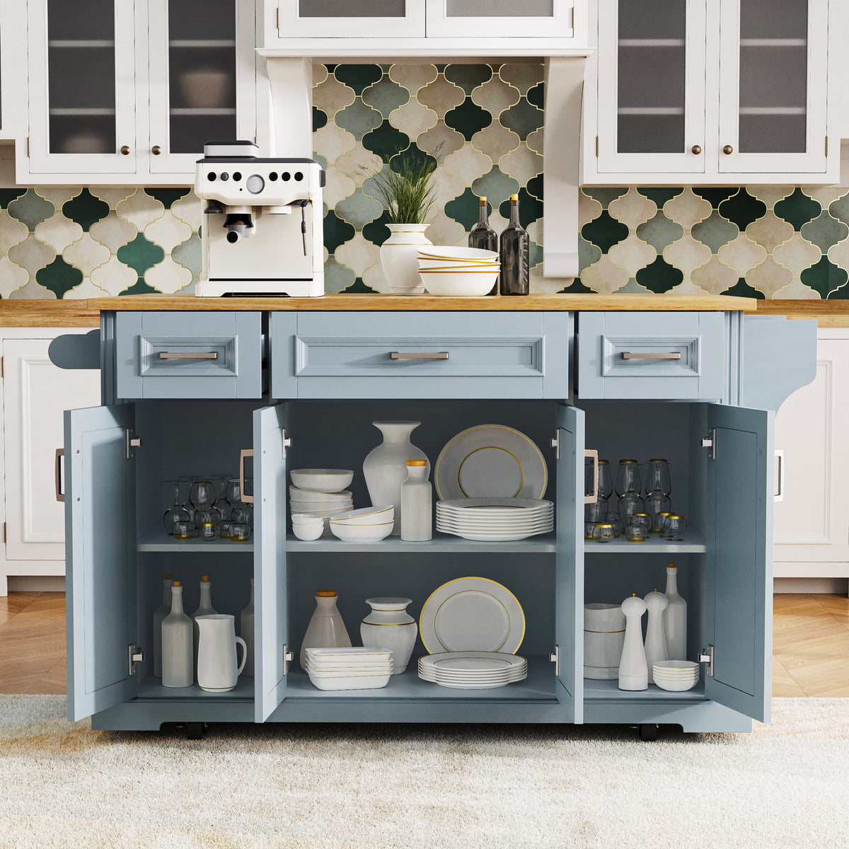 variant-group:rf-n707s195395g|Roomfitters 54" Kitchen Island with Wood Top, Rolling Storage Cabinet with 3 Drawers and 3 Doors, Spice Rack, Grey+Blue
