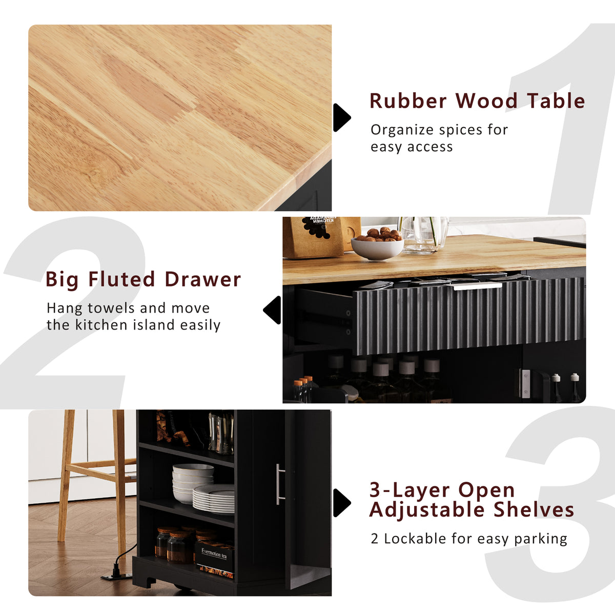 variant-group:rf-n707s221571b|Roomfitters Kitchen Island with Tilt Out Trash Can and Power Outlet, Fluted Storage Cabinet on Wheels, Black