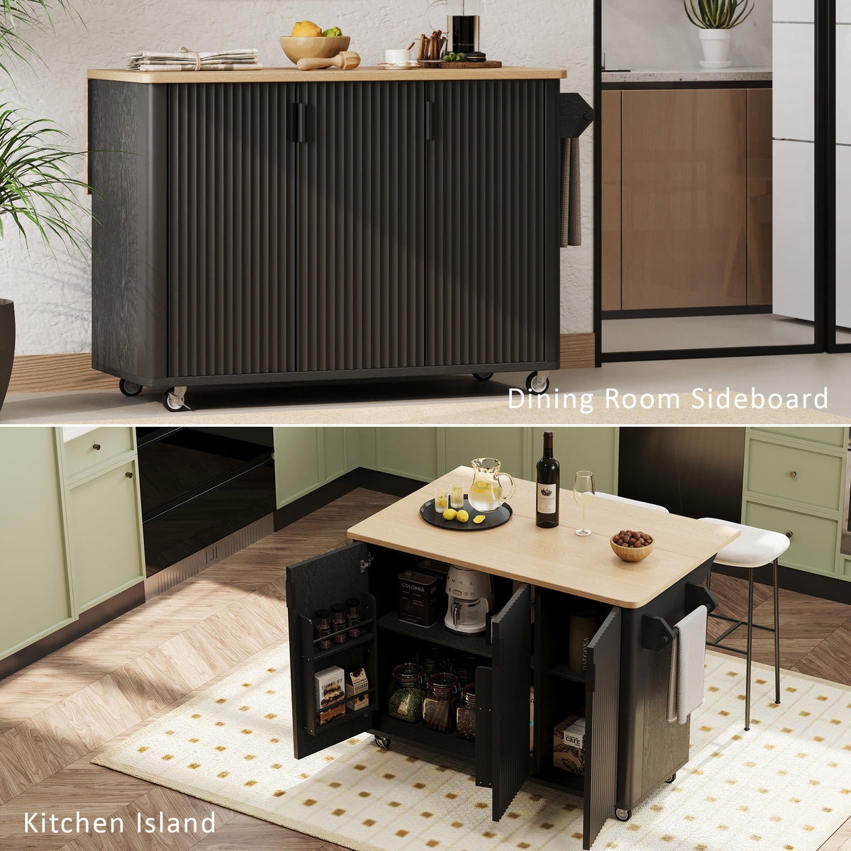 variant-group:rf-n707p221446b|Roomfitters 51" Fluted Kitchen Island with Drop Leaf, Rolling Cart with Storage Rack, Farmhouse Style, Towel Rack, Black