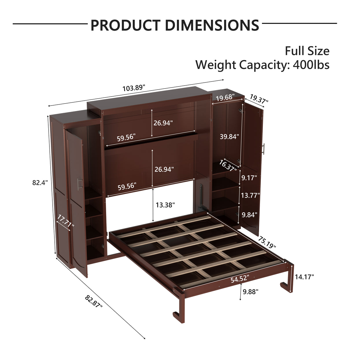variant-group:rf-n733s235596d|Roomfitters Full Murphy Wall Bed with Two Wardrobes and Storage Shelf, Foldable Platform Bed Frame for Guest Room, Walnut
