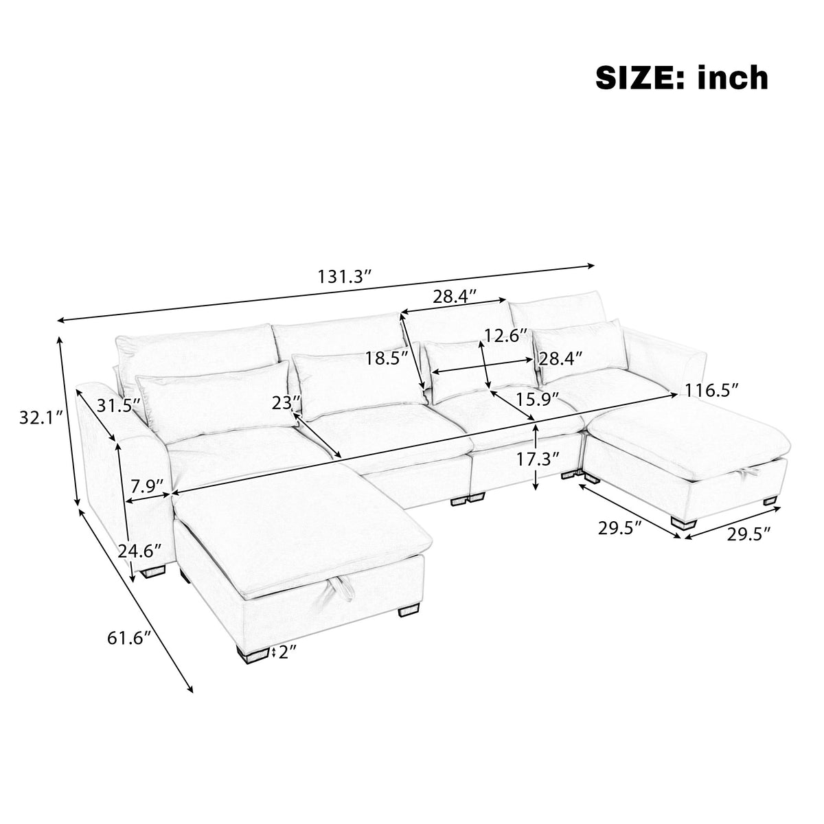 variant-group:rf-n711wy000491aac|Roomfitters 131.3-Inch Modern U-Shaped Sectional Sofa, 6-Seater Linen Blend Couch, 2 Storage Ottomans, Pit Lounge, Dark Blue