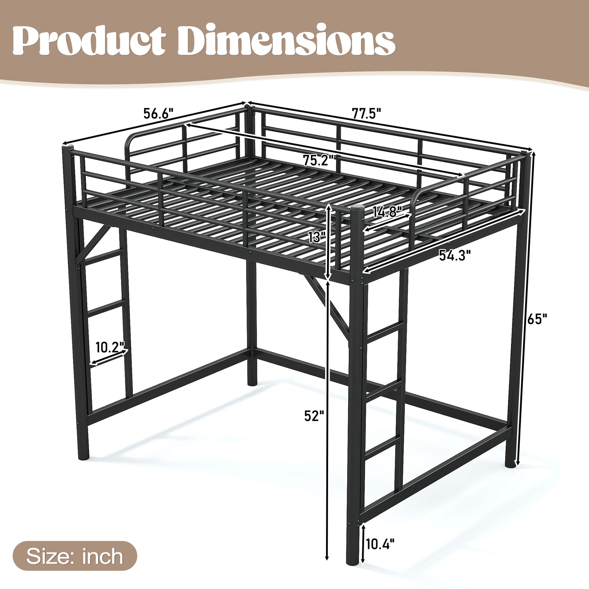 variant-group:rf-w1580p455015|Roomfitters Full Size Metal Loft Bed Frame with Guardrails, Heavy Duty Space Saving High Loft Bed Dual Ladders, Black