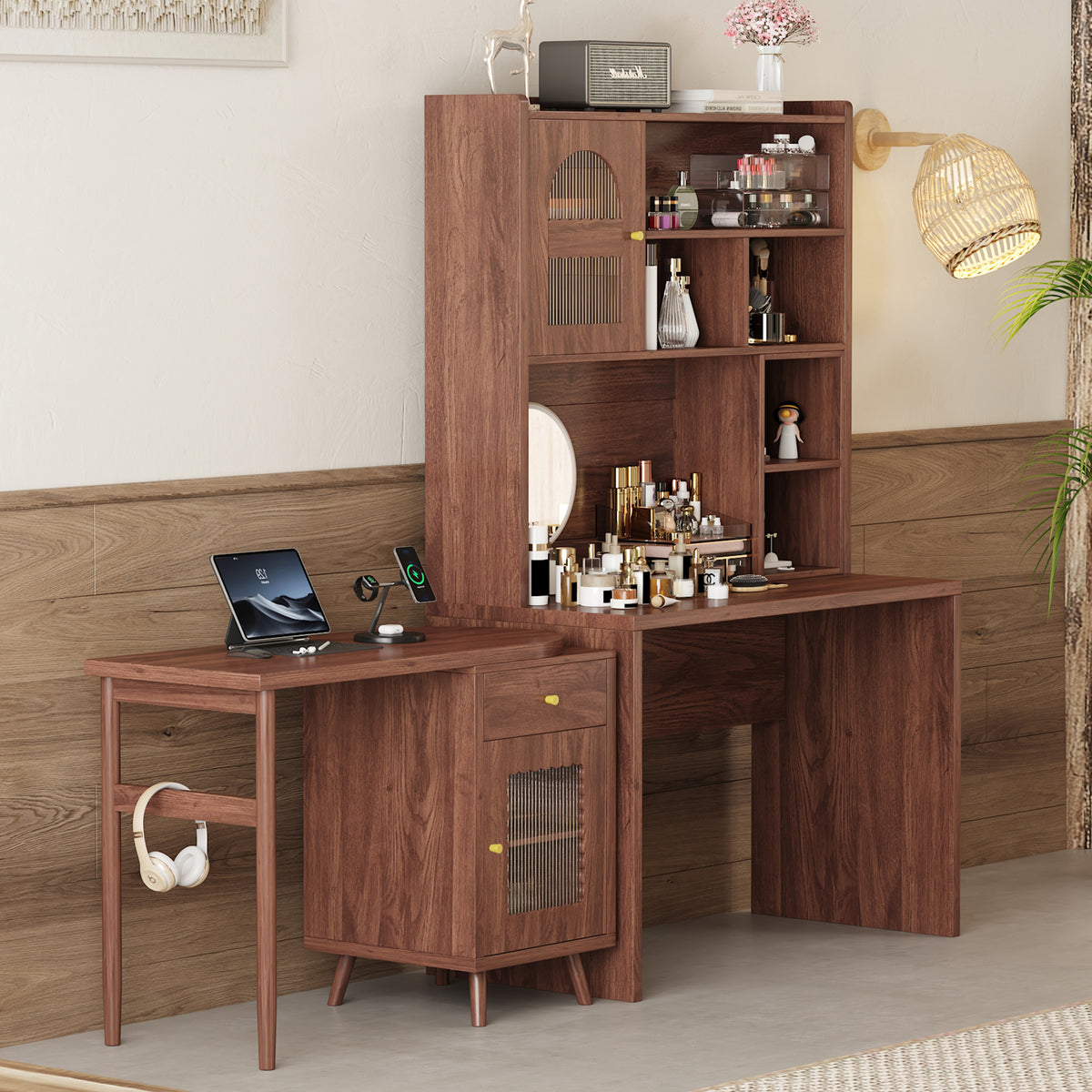 variant-group:rf-n733s363716d|Roomfitters Rotating L-Shaped Computer Desk with Shelves and Storage, 90° Swivel Office Writing Desk, Walnut