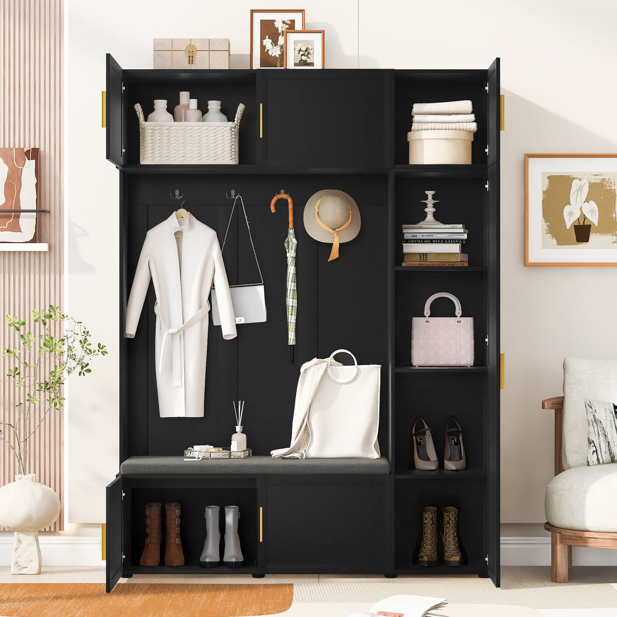 variant-group:rf-n724sj000166aab|Roomfitters American Style 4-in-1 Hall Tree, Upholstered Entryway Bench, Antique Black