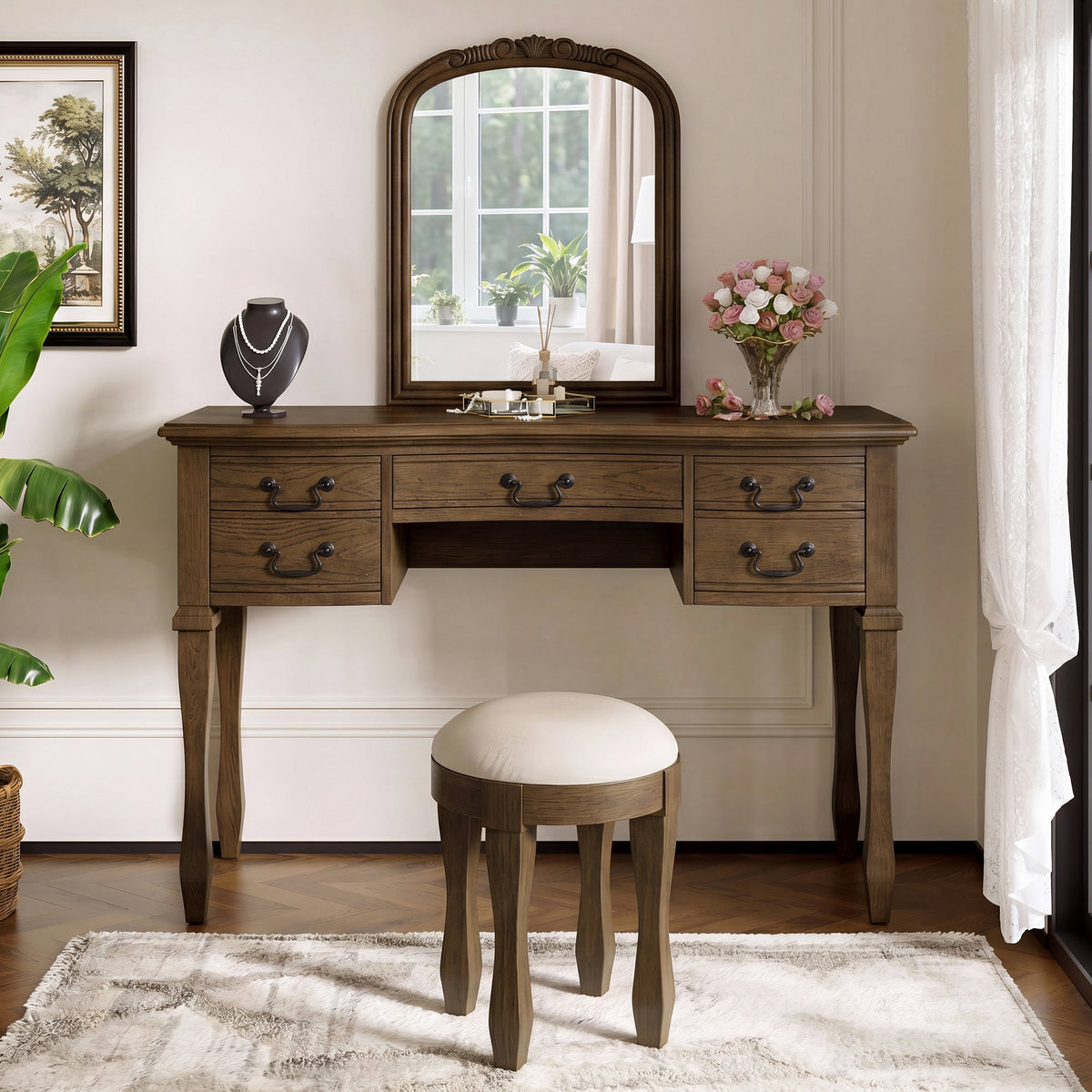 Roomfitters 46-Inch Vintage Makeup Vanity Table with Curved Flower Frame Mirror and Upholstered Leather Stool Espresso Roomfitters