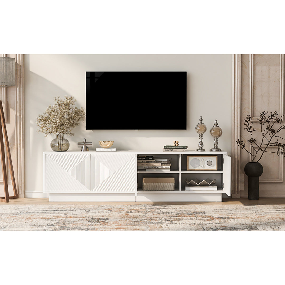 variant-group:rf-n724p426846k|Roomfitters Stylish 4-Door Wave Design TV Console with 16-Color USB LED Light, White